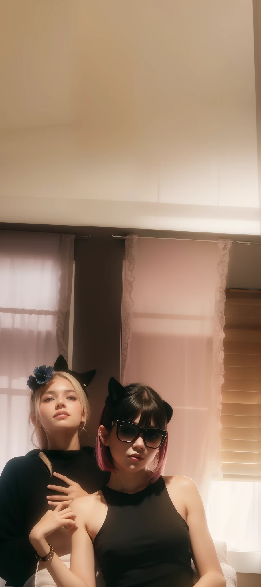 1girl, animal ears, barefoot, bed, bed sheet, canopy bed, curtain grab, curtains, covered navel, covered, on bed, pink hair, sheet grab, sitting, smile, solo, tail, lily_\(flower\), looking a viewer, (flat chest:1.2), see-through, solo, beautiful and delicate detailed girl, illustration, unity 8k wallpaper, masterpiece, best quality, (upper body:1.6),