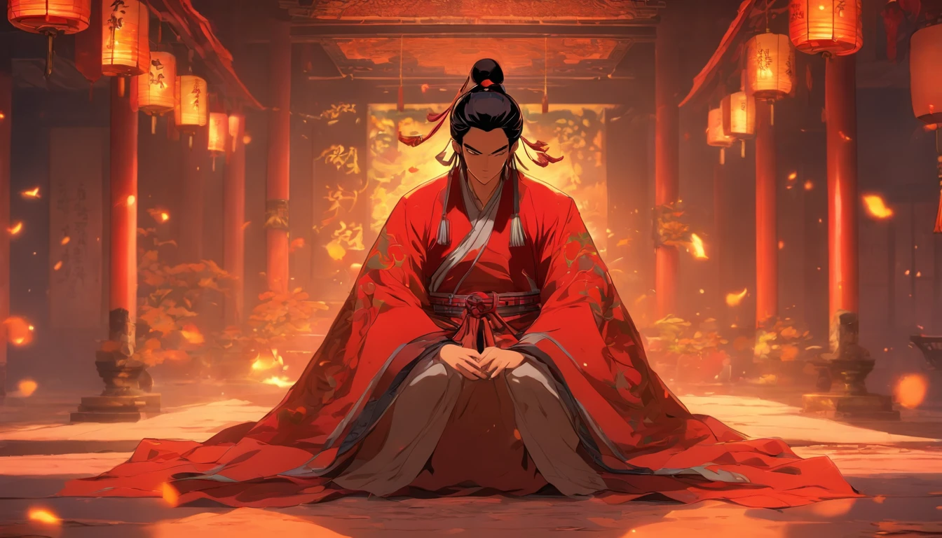 Chinese-style indoor man in period costume sat on the ground in fright