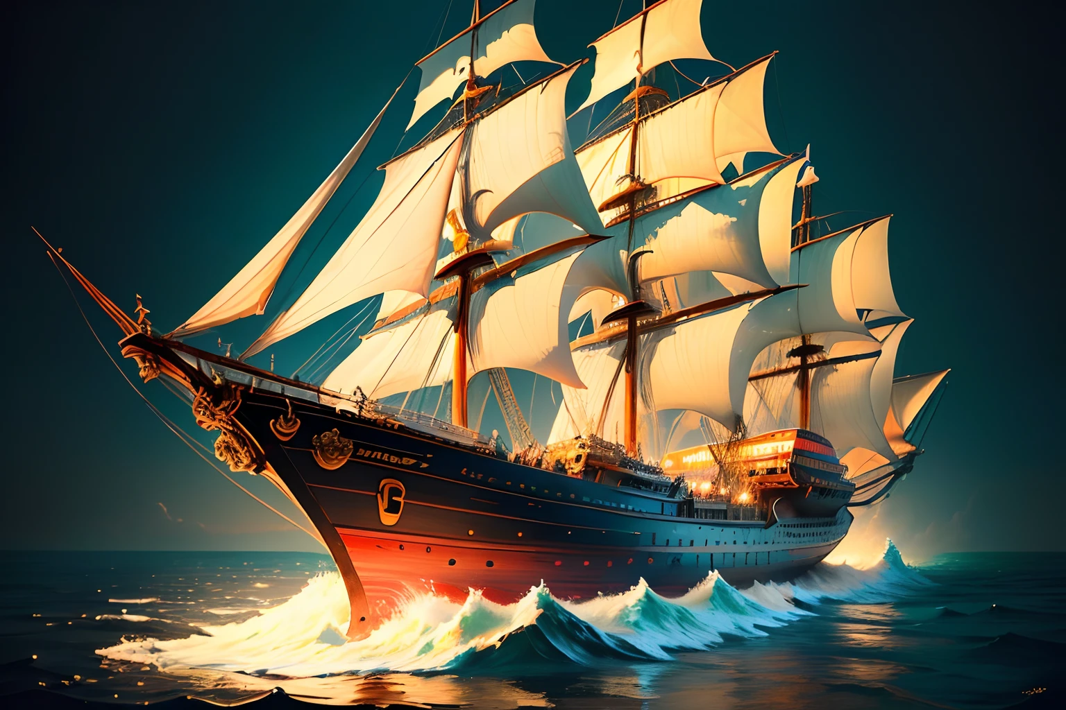 there is a model of a ship with a lot of sails, a surrealist sculpture by Arthur Pan, polycount contest winner, cloisonnism, galleon, very very high detailed, pirate ship, weta studio and james jean, deep ocean sculpture, fantasy highly detailed, one piece ship sailing, extremely high detailed, very high detailed, disney pixar weta