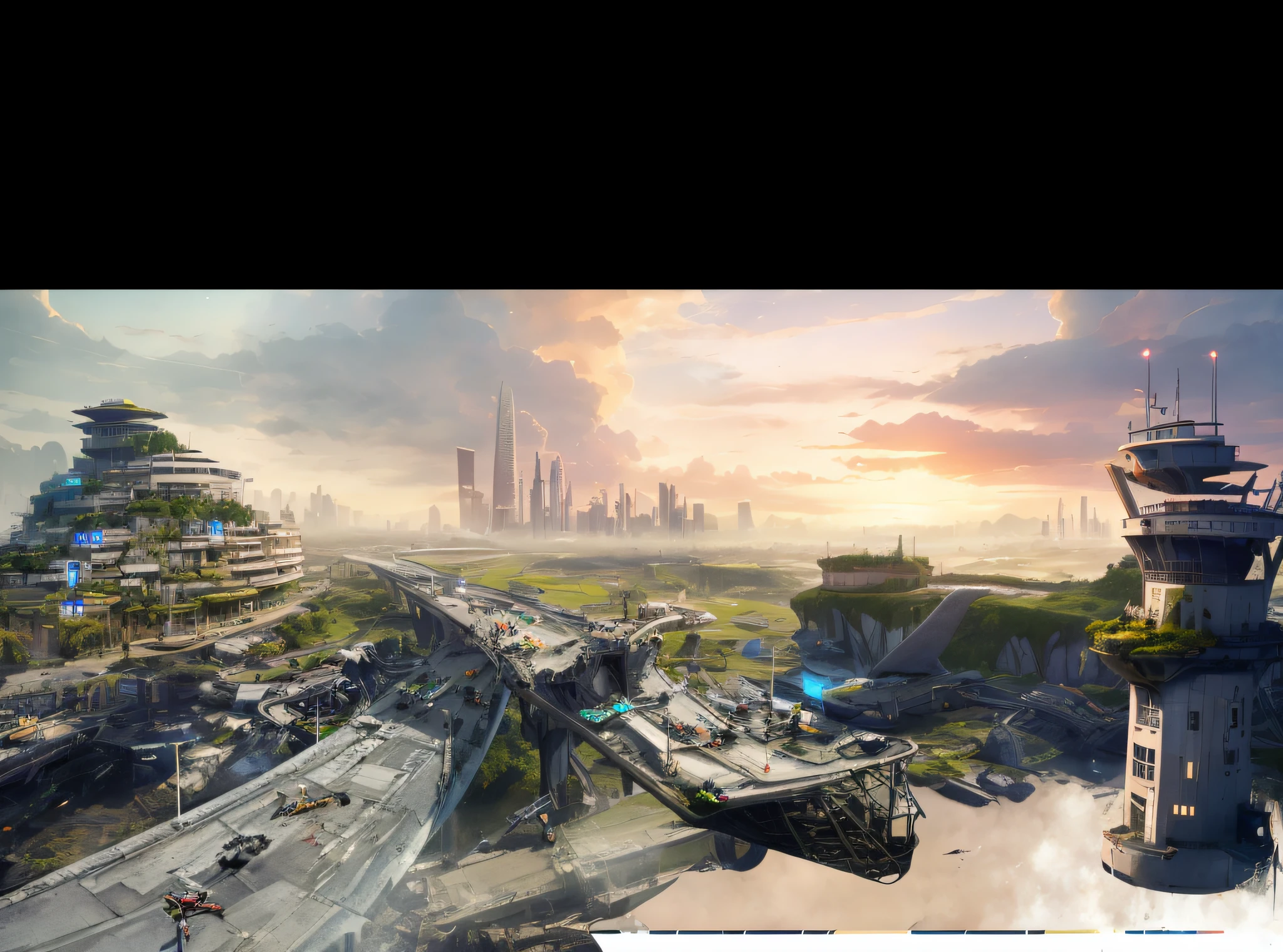 Cidade futuristica，In the background is a bridge and a tower, future concept art, Concept art wallpaper 4K, Syd Mead和Raphael Lacoste, bastien grivet, concept art 2022, concept art 4 k, Concept art 4K, Dystopian digital concept art, matte painting comic book art, landscape of a future city, concept-art