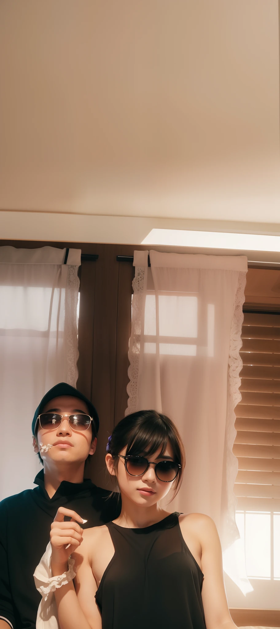 1girl in front and 1boy in back, barefoot, bed, bed sheet, canopy bed, curtain grab, curtains, covered navel, covered, on bed, pink hair, sheet grab, sitting, smile, solo, tail, lily_\(flower\), looking a viewer, (flat chest:1.2), see-through, solo, beautiful and delicate detailed girl, illustration, unity 8k wallpaper, masterpiece, best quality, (upper body:1.6),
