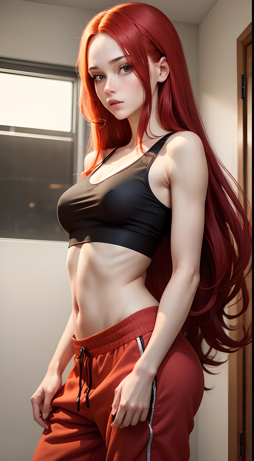 Girl with long red hair slim, cuteface, little chest, in sweatpants and a top