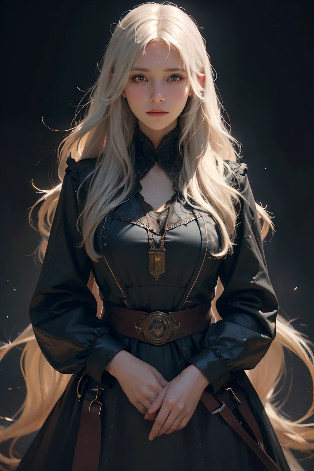 (front focus), (in the dark:1.6), Hyperrealist portrait of female by david hockney and alphonse mucha, fantasy art, photo realistic, dynamic lighting, artstation, poster, volumetric lighting, very detailed faces, 4 k, award winning, 1girl, in the dark, deep shadow, low key, cowboy shot, (official clothing:1.4), long hair, white hair