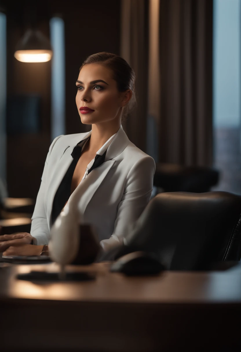 a handsome woman sitting in the office,crew cut,business suit,Windows,Cityscape,corpo inteiro,macho maduro,,melhor qualidade, 50mm f/2.8, fotografia e revista GQ, Trending on Flickr Masterpiece, high resolution, melhor qualidade,, Realistic, Realistic photo, foto do filme, ultra realistic, 1 pessoa, circunstanciado, perfect lighting, DSRL, foto profissional, 4k ,blue lighting,sorrir