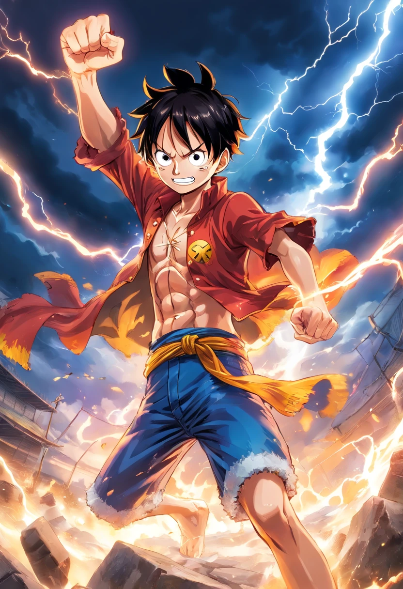 One Piece，Luffy's final form，Super domineering，Background lightning，Broken ground，invincibility，Super handsome，Invincible Fist，