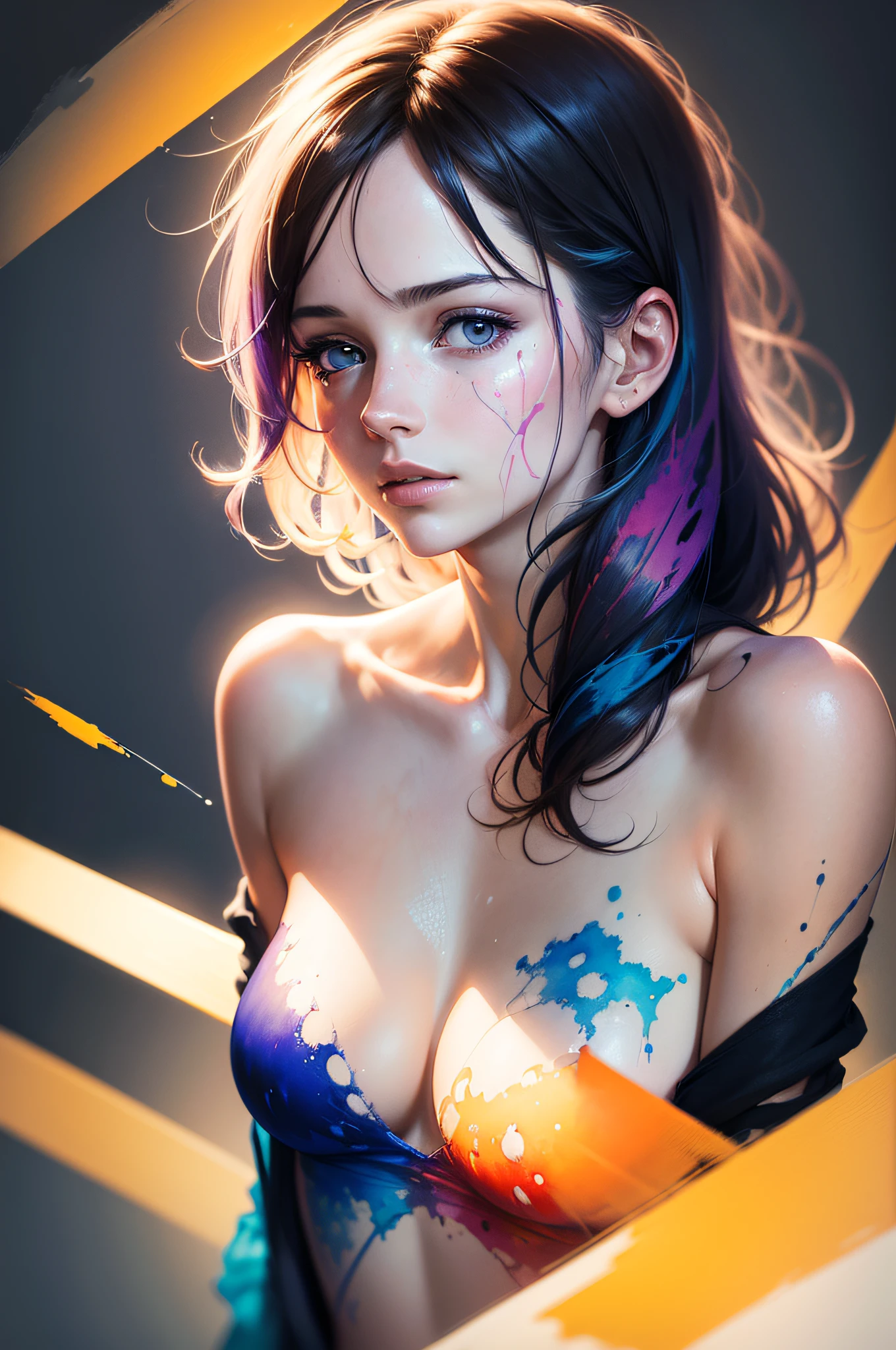 (8k, Best quality, Masterpiece:1.2),(Best quality:1.0), (ultra highres:1.0), aquarelle, Une belle femme, shoulder, rubans de cheveux, par Agnes Cecile, half body portrait, Extremely bright bright lighting design, Couleurs pastel, (encre:1.3), Autumn lights,