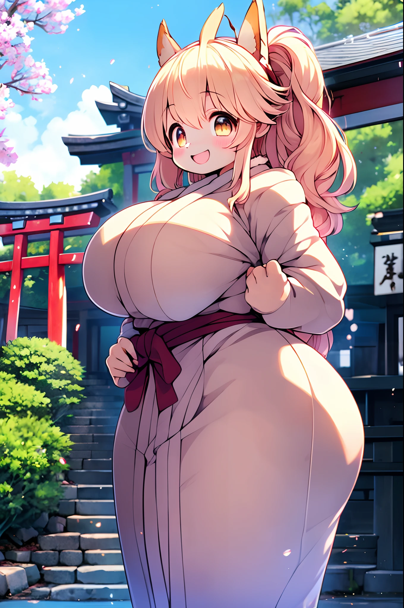 Fox Woman、body covered with fur、huge-breasted、kawaii、shrine maiden、Japan white clothes,Red Hakama、torii gate,summer day、((High Position))、A big smile、bbw、thick thight、big butts、Ultramammy,Chibi,Nanachi