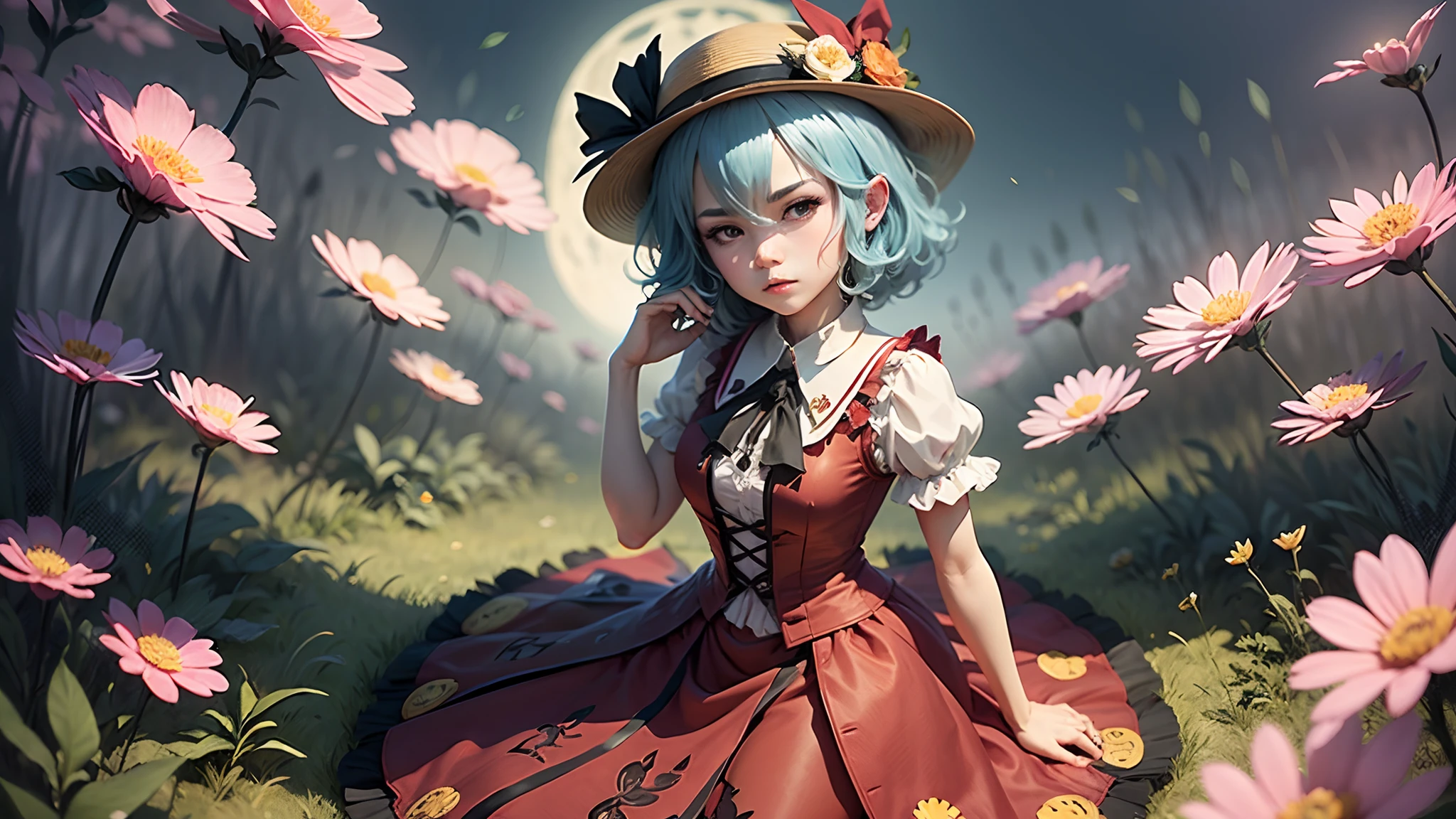 Remilia Scarlet from Touhou project, in a meadow with flowers, cartoonish vector, cartoon style, ni no kuni merged with league of legends --auto --s2