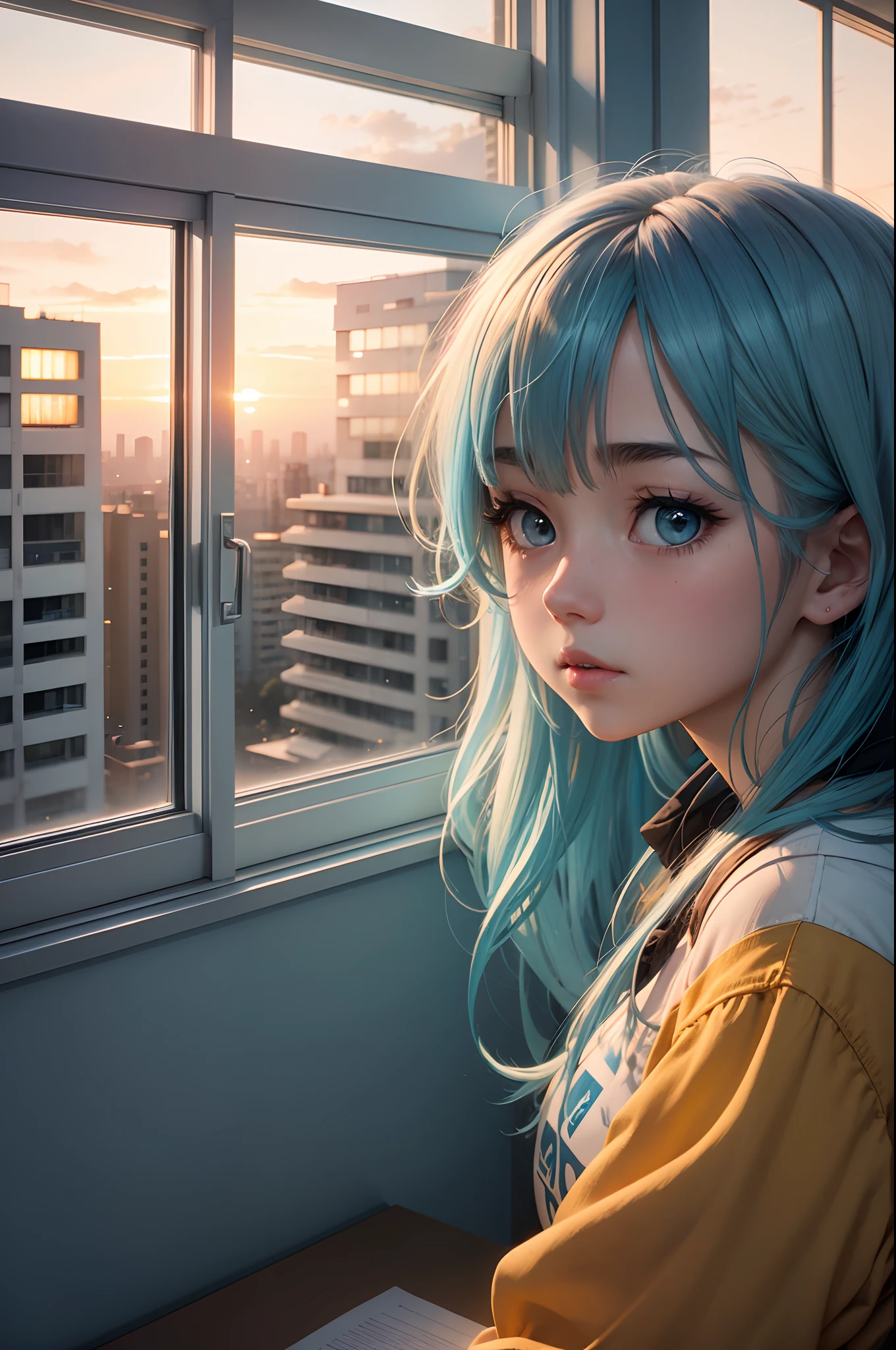 Blue aqua hair with yellow and white streaks GIRL studying with sunset on her window, anime, he lives in a building.