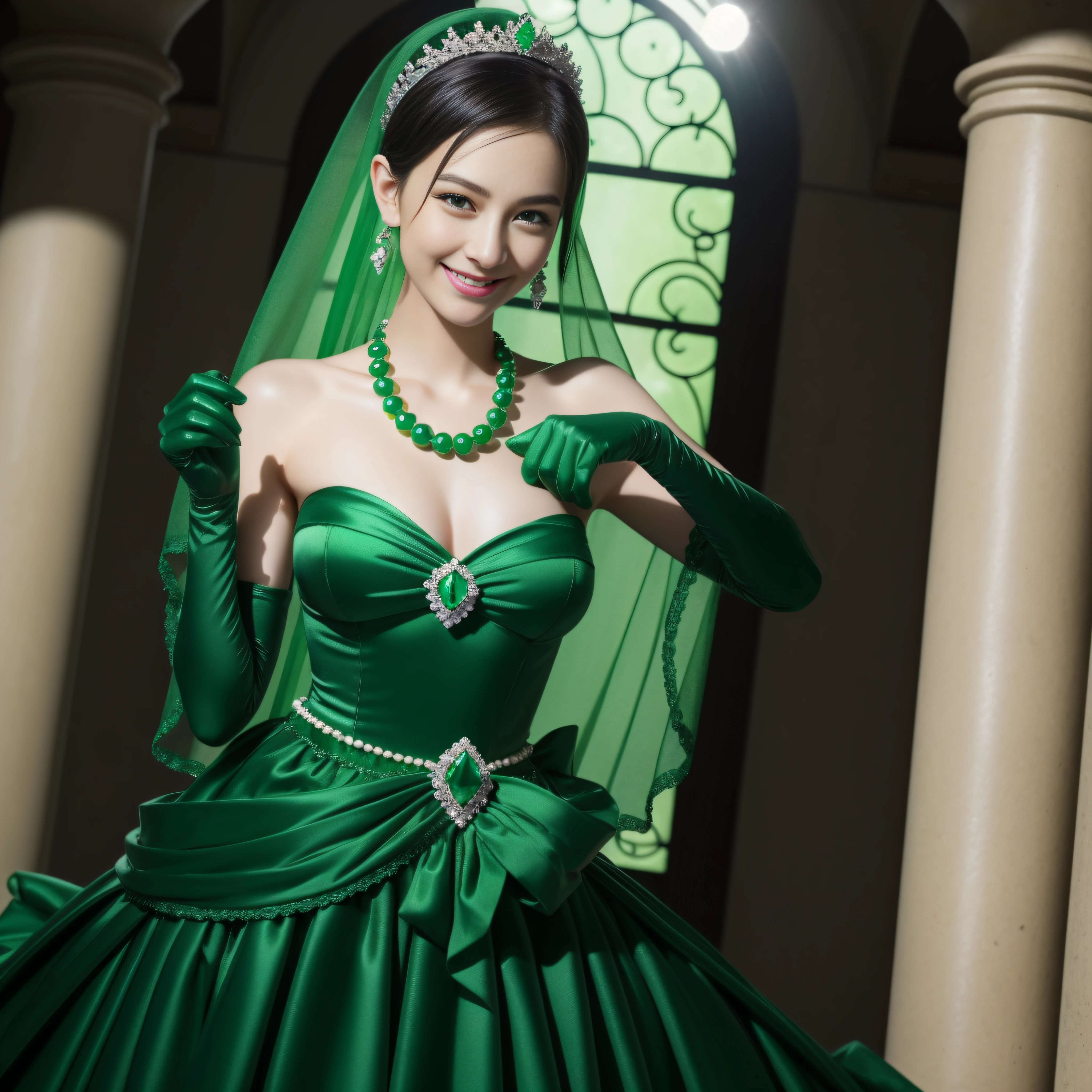 emerald tiara, Green Pearl Necklace, Boyish very short black hair, lipsticks, Japan woman smiling, very short short hair, big breasts beautiful, Green eyes, Long green gloves made of satin material, Green eyes, Emerald Earrings