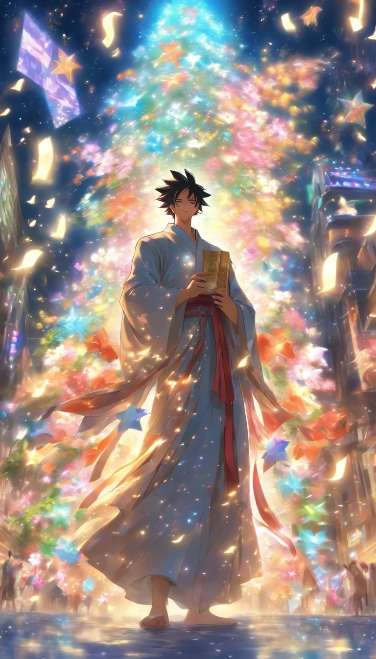 /imagine prompt: A tall man, dressed in magnificent robes, holding a note with a contribution value of 50,000, with an excited and proud expression, surrounded by cheers and applause, with many people holding bouquets and gifts, ,32k, best quality, masterpiece, super detail, high details, by Makoto Shinkai ,in the style of the stars art group xing xing, --niji 5"