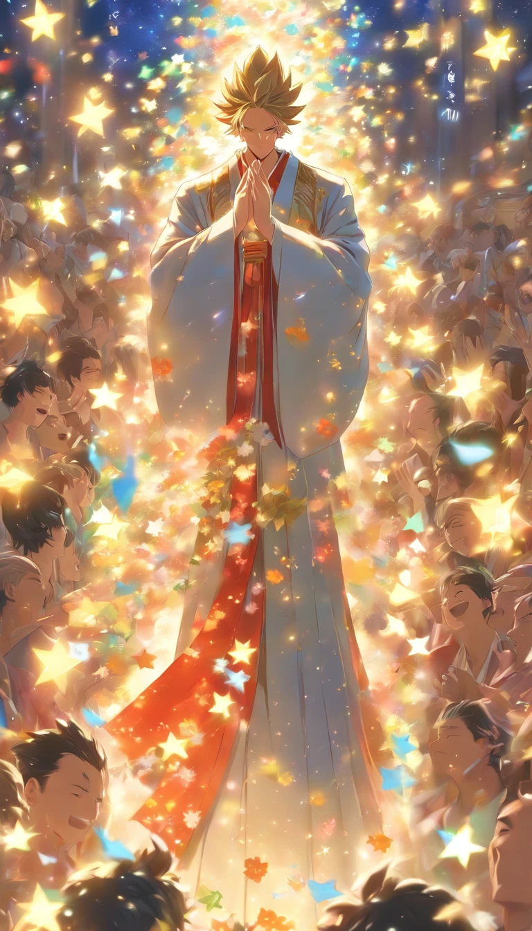 /imagine prompt: A tall man, dressed in magnificent robes, holding a note with a contribution value of 50,000, with an excited and proud expression, surrounded by cheers and applause, with many people holding bouquets and gifts, ,32k, best quality, masterpiece, super detail, high details, by Makoto Shinkai ,in the style of the stars art group xing xing, --niji 5"