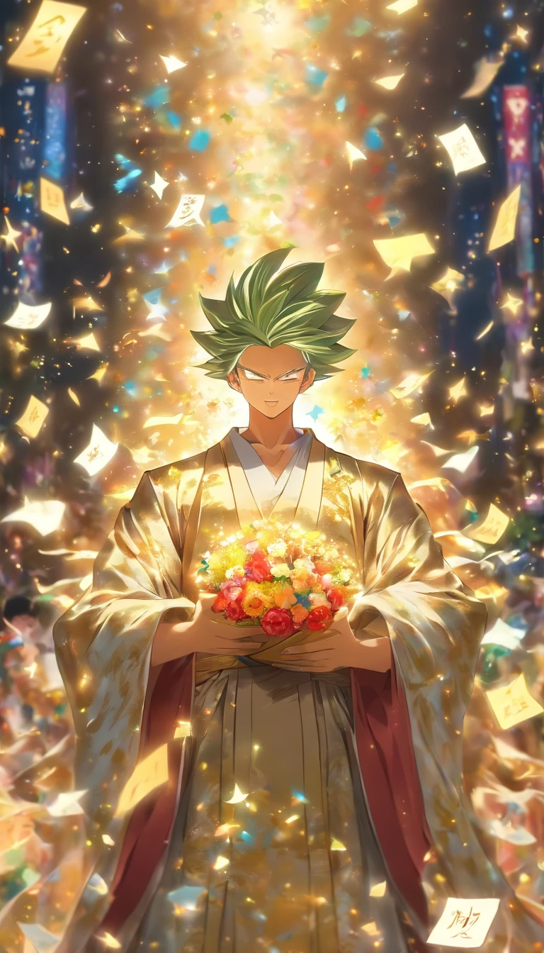 /imagine prompt: A tall man, dressed in magnificent robes, holding a note with a contribution value of 50,000, with an excited and proud expression, surrounded by cheers and applause, with many people holding bouquets and gifts, ,32k, best quality, masterpiece, super detail, high details, by Makoto Shinkai ,in the style of the stars art group xing xing, --niji 5"