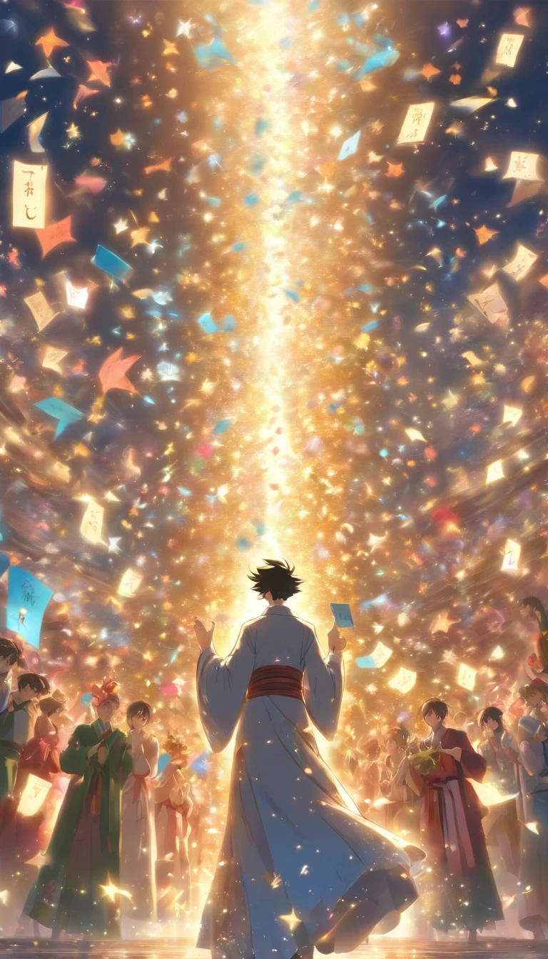 /imagine prompt: A tall man, dressed in magnificent robes, holding a note with a contribution value of 50,000, with an excited and proud expression, surrounded by cheers and applause, with many people holding bouquets and gifts, ,32k, best quality, masterpiece, super detail, high details, by Makoto Shinkai ,in the style of the stars art group xing xing, --niji 5"