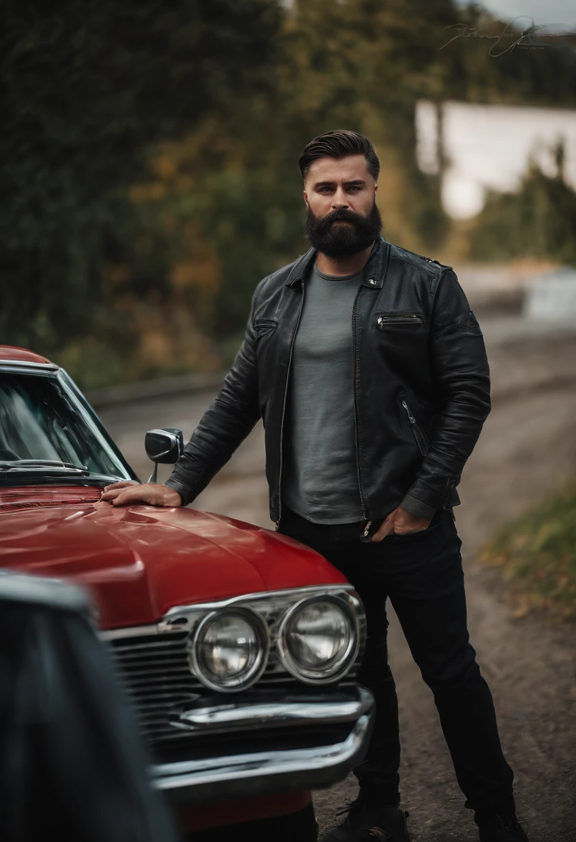 person wearing cap and round face long hair short beard and wearing leather jacket standing front of the car