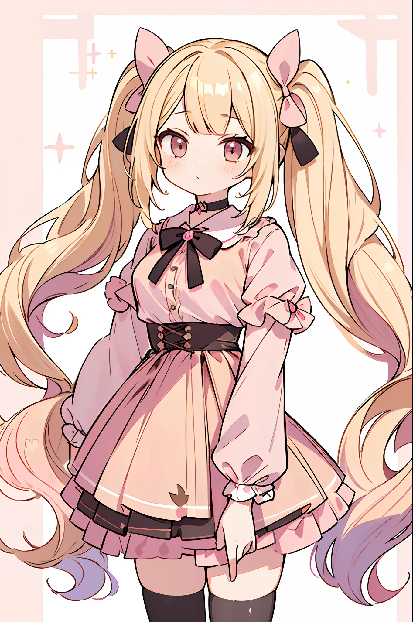 best quality, masterpiece, 1 girl, mea, (slender:1.3), medium breasts, (blonde hair:1.3), very long hair, wavy hair, (diagonal bangs:1.3), (twintails:1.2), (pink colored inner hair:1.2), (detailed brown eyes:1.1), jirai fashion, (pink blouse:1.3), (black high waist skirt:1.2), (looking at viewer:1.3), bow, choker, thighhighs, (hair big bow:1.3), white background,