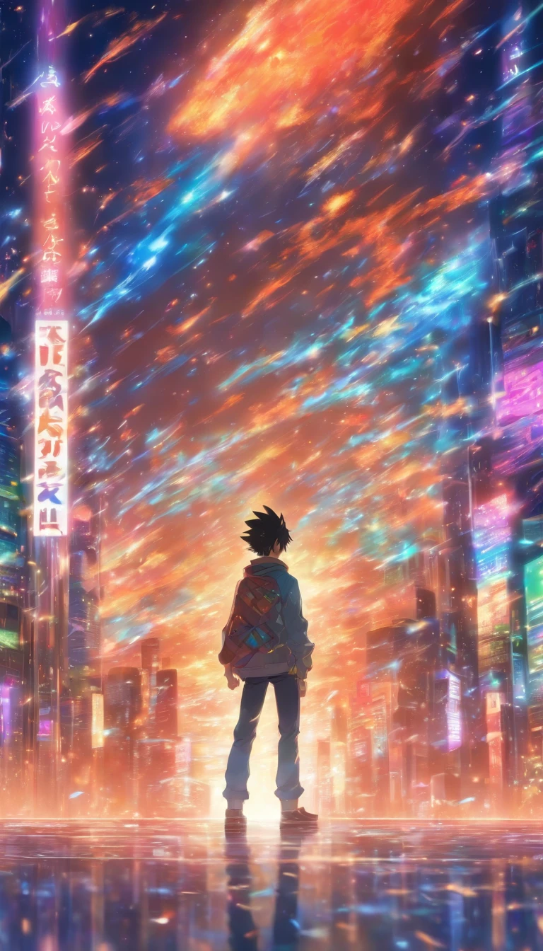 /imagine prompt: A young man with a slight smile, eyes shining with anticipation, surrounded by dim environment with a magnificent electronic screen floating in front of him, ,32k, best quality, masterpiece, super detail, high details, by Makoto Shinkai ,in the style of the stars art group xing xing, --niji 5"