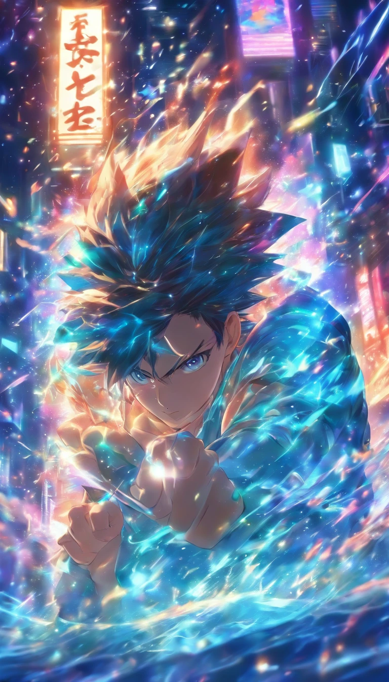 /imagine prompt: A young man with a slight smile, eyes shining with anticipation, surrounded by dim environment with a magnificent electronic screen floating in front of him, ,32k, best quality, masterpiece, super detail, high details, by Makoto Shinkai ,in the style of the stars art group xing xing, --niji 5"