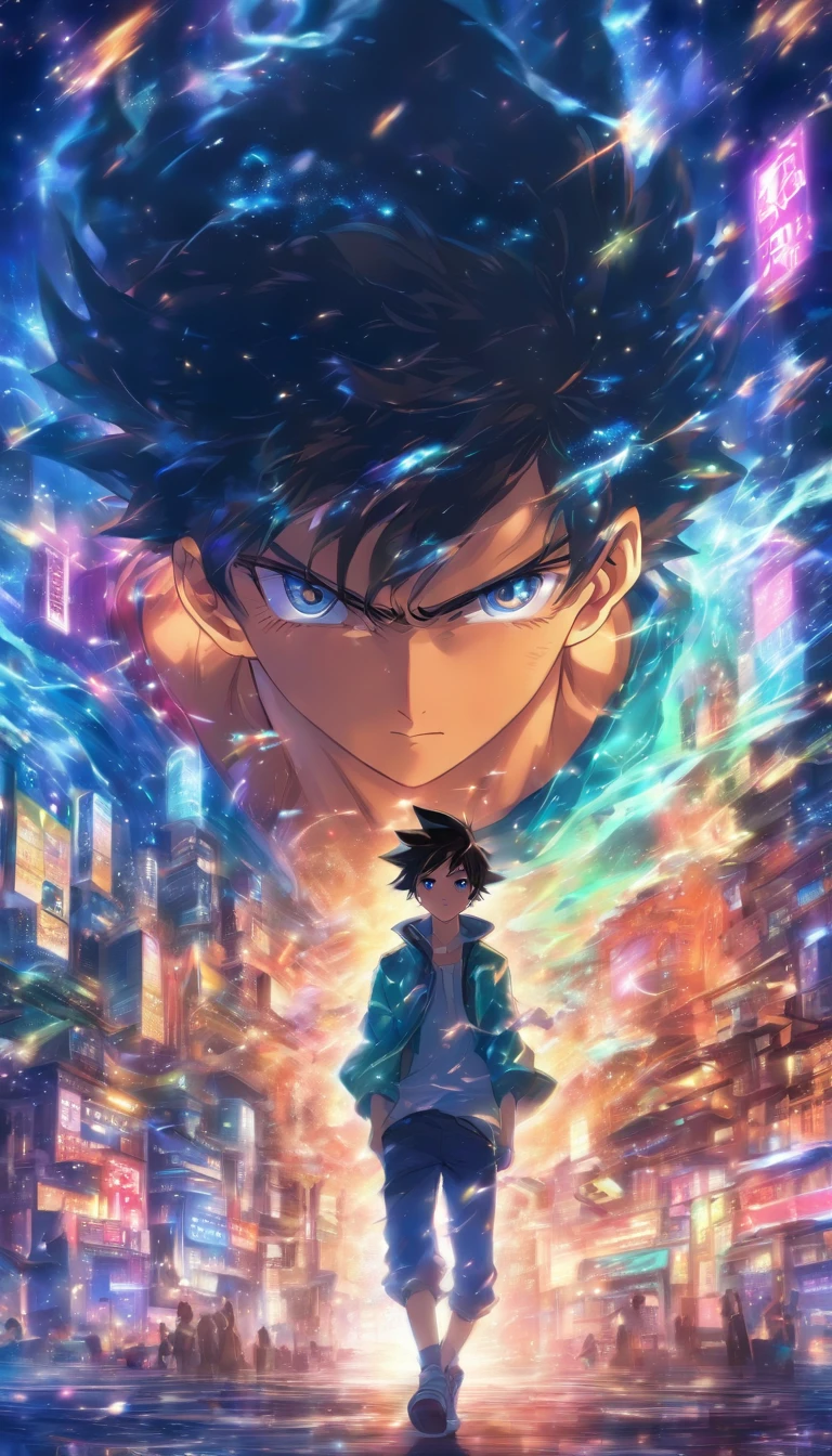 /imagine prompt: A young man with a slight smile, eyes shining with anticipation, surrounded by dim environment with a magnificent electronic screen floating in front of him, ,32k, best quality, masterpiece, super detail, high details, by Makoto Shinkai ,in the style of the stars art group xing xing, --niji 5"