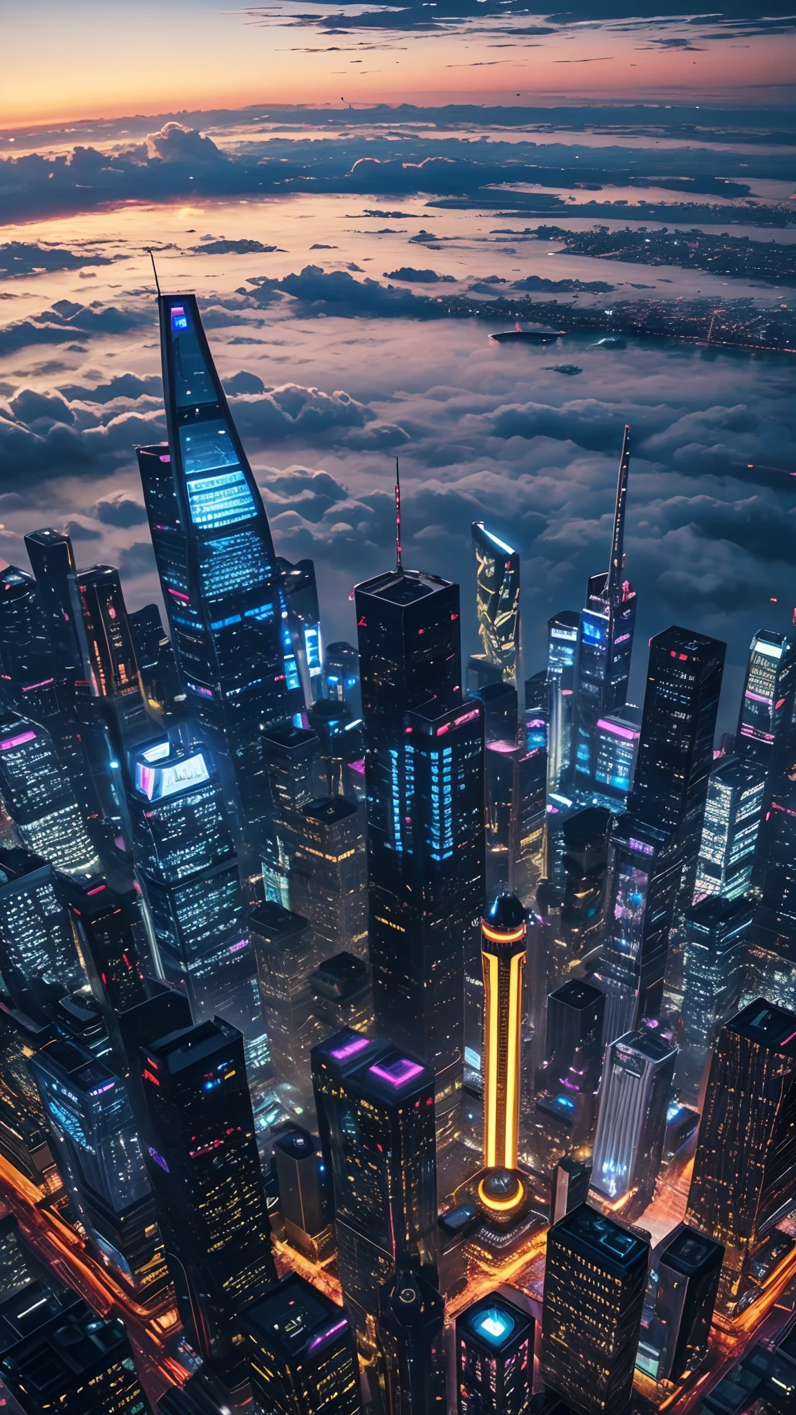 An ultra-high picture quality、top-quality、city of the future、cyberpunked、vibrant light、Skyscrapers、In the clouds、Cosmic view、SF World、