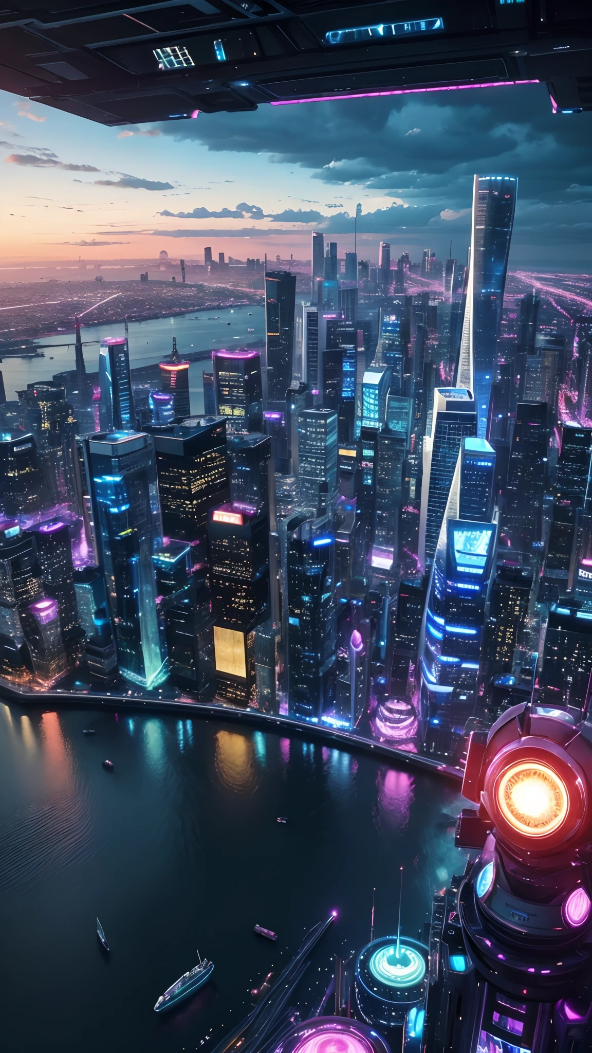 An ultra-high picture quality、top-quality、city of the future、cyberpunked、vibrant light、Skyscrapers、In the clouds、Cosmic view、SF World、