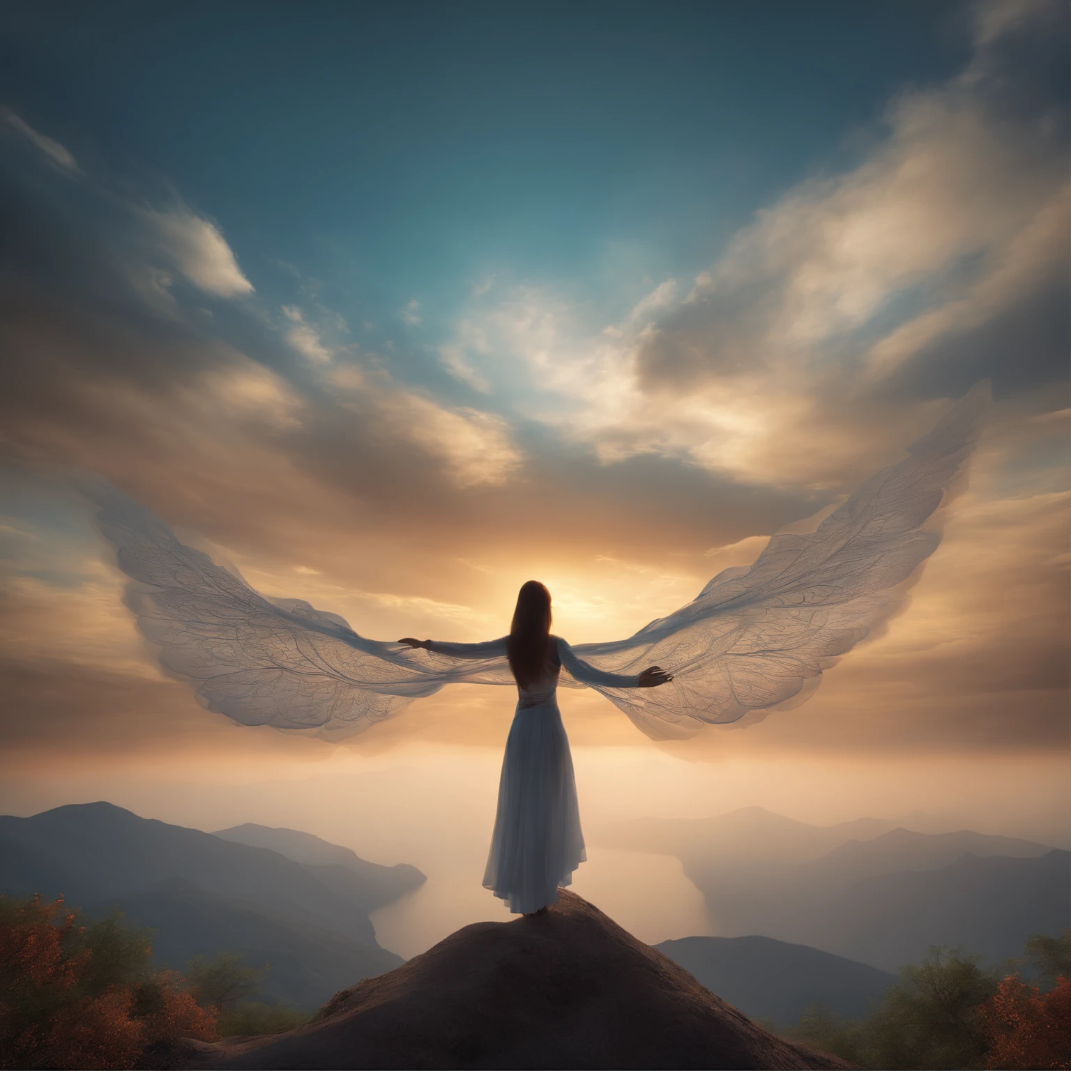 (masutepiece, top-quality, Best Quality, Official art, Beautiful and aesthetic:1.2), (1.3 Flying girl seen from a distance........), Extremely detailed, long shapeless hair, (Fractal Art:1.3), colourfull, Cinematic lighting, Mare, skyporn, Clouds, Ethereal, Beautiful scenery, Aerial, Corals