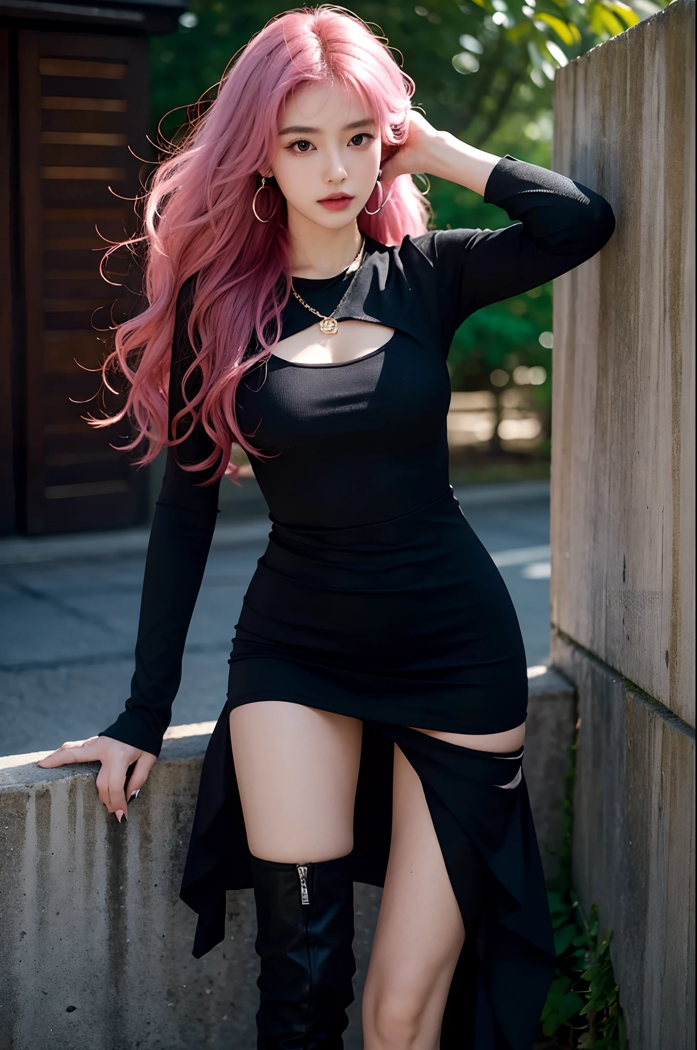 1girl, 175cm,korean model, 23 years old,soft body, pink hair, wavy hair,whole body, hair reaches waist, whole body,((head to leg)),black bracelets,black chain,((tight dress)), black tall boots,large earrings,close-up, 8k, RAW photo, best quality, masterpiece,realistic, photo-realistic,seductive,cute, erotic pose, leaning on wall