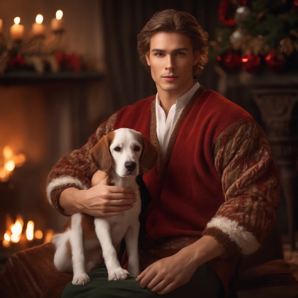 VZhabin is dressed in a Christmas cardigan, holding a plush dog in his arms. Ao fundo, There is a lit fireplace, Providing a cozy atmosphere. VZhabin holding a glass of hot chocolate, Radiating steam and creating a welcoming atmosphere. He poses for a portrait in the Renaissance style, with stunning details and mesmerizing facial expressions. The image is available in 8k resolution, Ensuring high quality and sharpness. The scenery is beautiful and attractive, Perfect for the Christmas holidays.