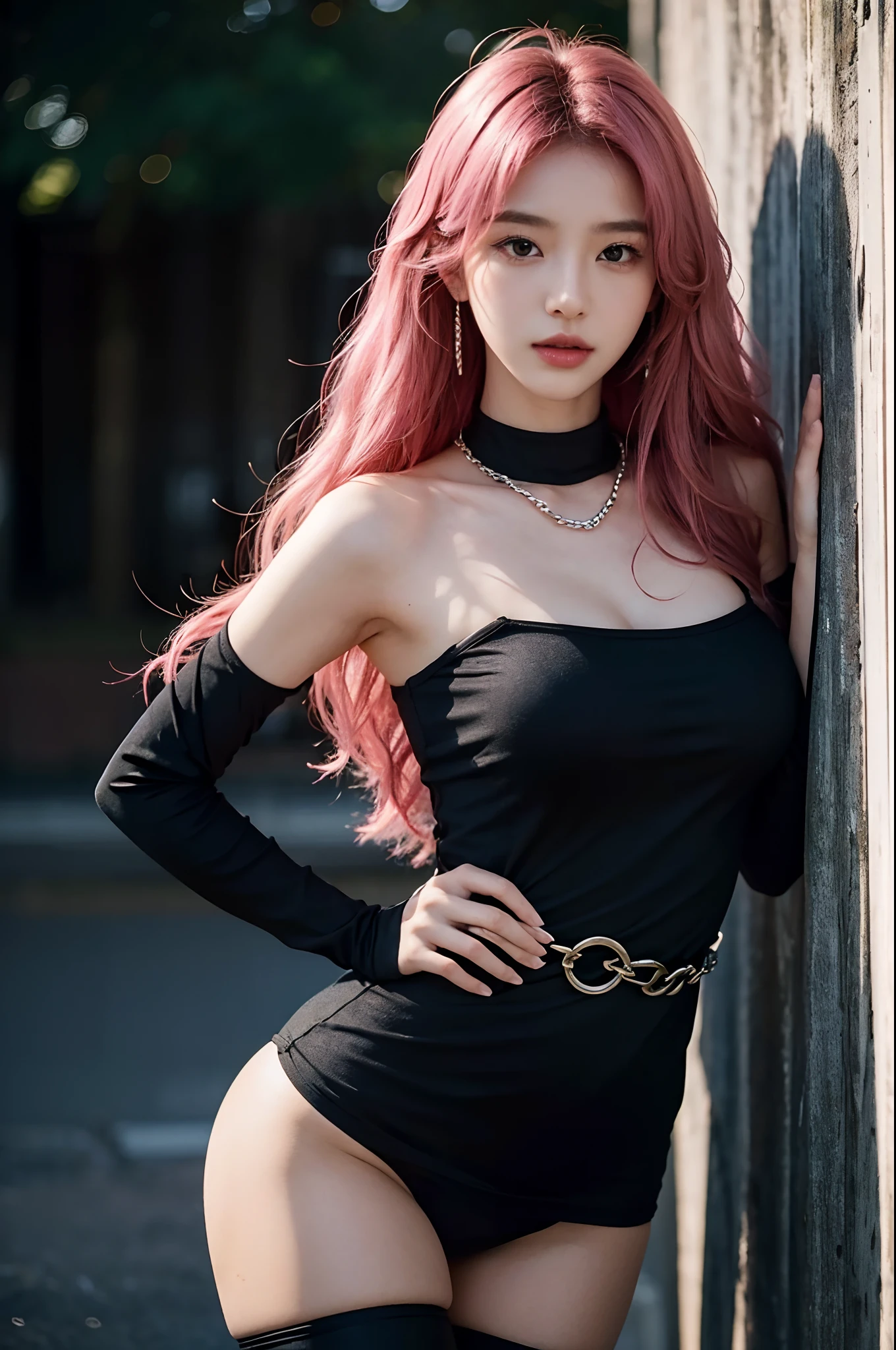 1girl, 175cm,korean model, 23 years old,soft body, pink hair, wavy hair,whole body, hair reaches waist, whole body,((head to leg)),black bracelets,black chain,((tight dress)), black tall boots,large earrings,close-up, 8k, RAW photo, best quality, masterpiece,realistic, photo-realistic,seductive,cute, erotic pose, leaning on wall