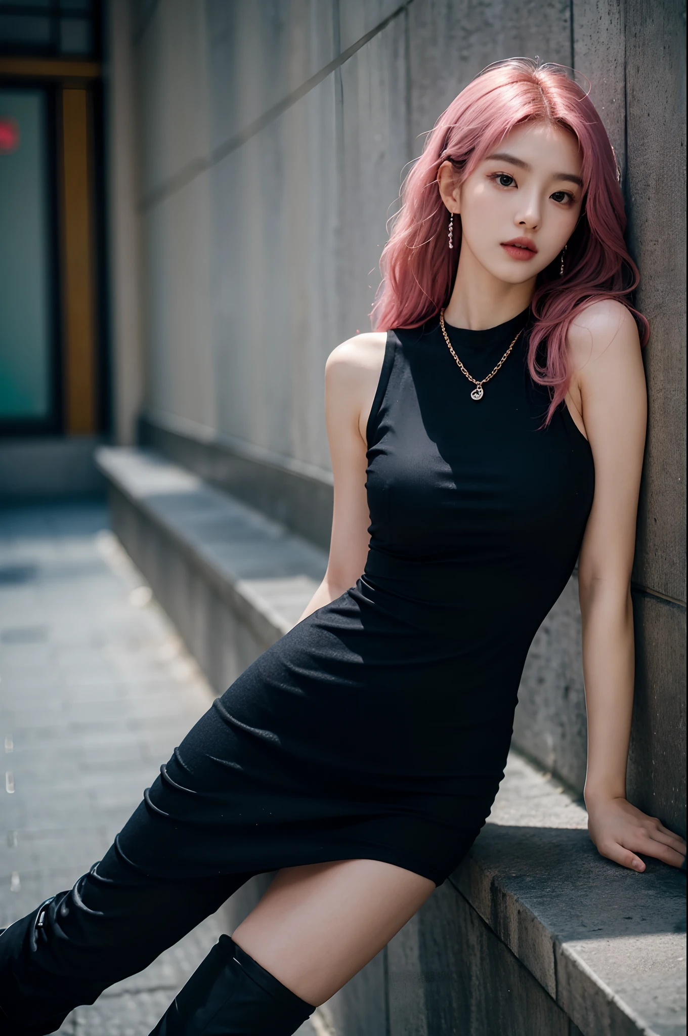 1girl, 175cm,korean model, 23 years old,soft body, pink hair, wavy hair,whole body, hair reaches waist, whole body,((head to leg)),black bracelets,black chain,((tight dress)), black tall boots,large earrings,close-up, 8k, RAW photo, best quality, masterpiece,realistic, photo-realistic,seductive,cute, erotic pose, leaning on wall