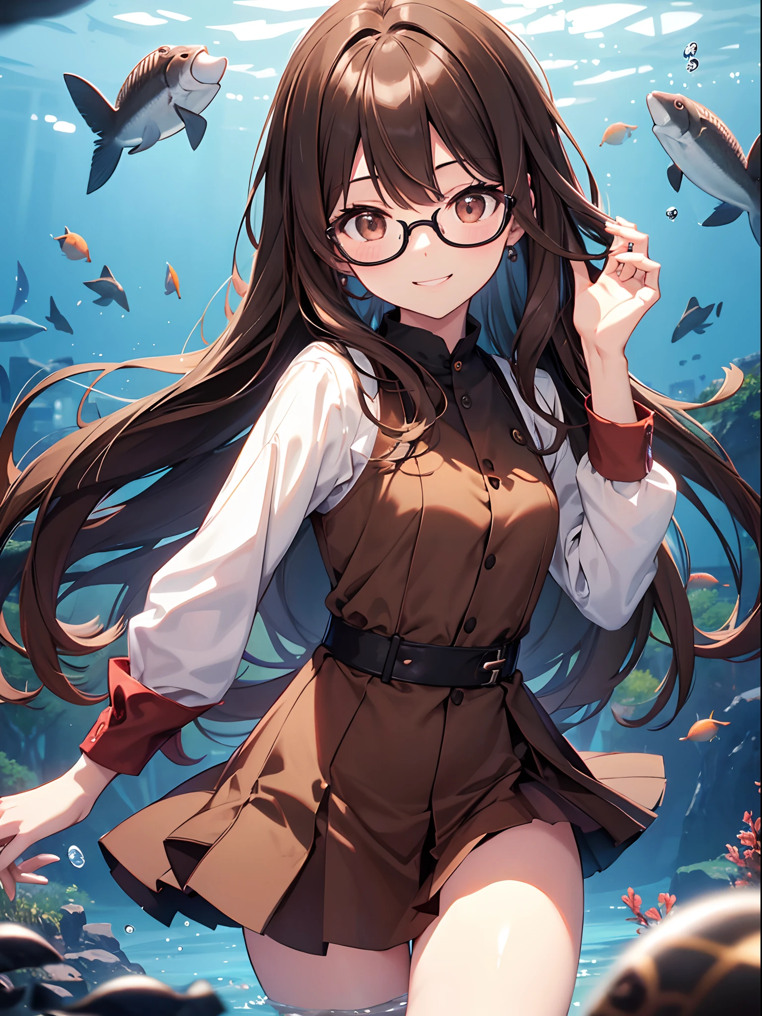 1人の女性、brown haired(Curta)、Brown eyes、Black-rimmed glasses、 Best Quality、ultra-detailliert、8K resolution、Raw photo、masutepiece、gorgeous faces、Perfect body、Aquarium Date、a smile