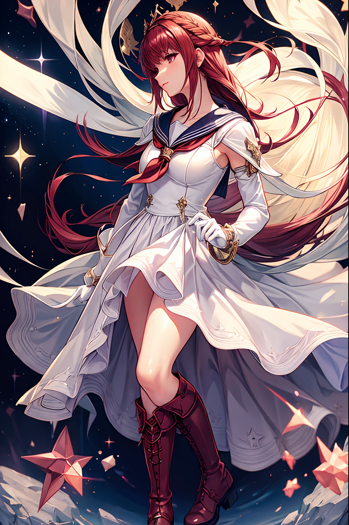 a close up of a person in a dress and boots, star tiara, long maroon hair, white_gloves, female outfit, sailor uniform, final fantasy 14 style, jrpg fashion, fashionable rpg clothing, ffxi,