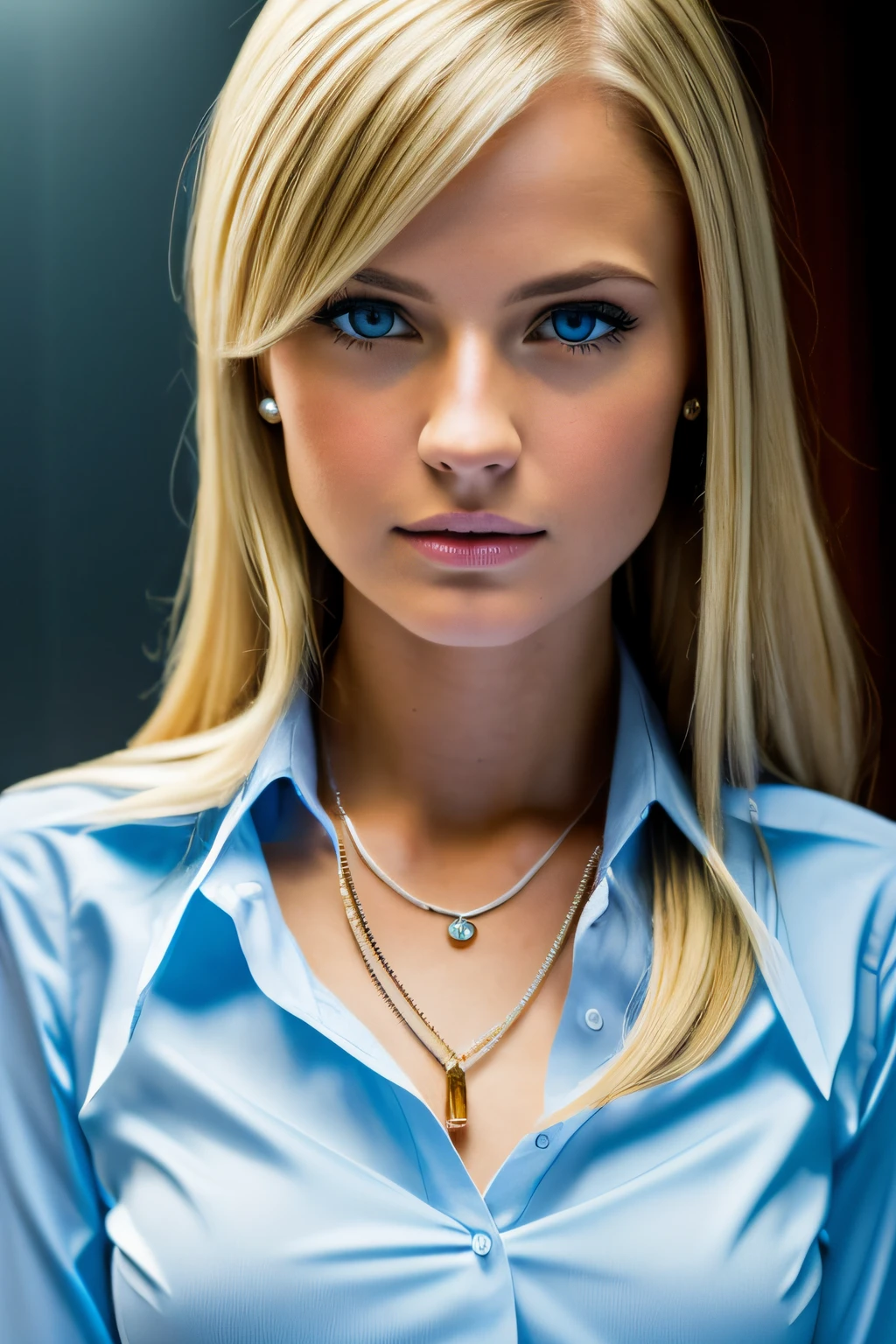 Slender, young, short blonde hair, blue eyes, in office, wearing business dress, natural skin texture, 24mm, 4K textures, soft cinematic light, RAW photography, photorealistic, photorealistic, complex, elegant, highly detailed, sharp focus, (((cinematic look))), calm Tone, Insane Detail, Complex Detail, Ultra Detail, High Contrast, Soft Cinematic Light, Dim Colors, Exposure Blending, HDR, Faded, Cold, Waist Thin, Well-Proportioned, (8k, 4k, Top Quality, Hi-Res: 1.1), (Realistic, Photorealistic: 1.1), Girl 1 People, Solo, Twin Tails, Blonde Hair, Bangs, Long Hair, Necklace, Earrings, Lips, Eye Shadow, Jewelry, (Viewer Looking For: 1.8), Spaghetti Straps, Detail, High Contrast, from_side, srfc, stunning complex full color, wearing business clothes, full body, spectacular character composition, sharp focus, natural light, sub-surface scatter, f2, 35mm, film grain, office room with desk, make 4 images