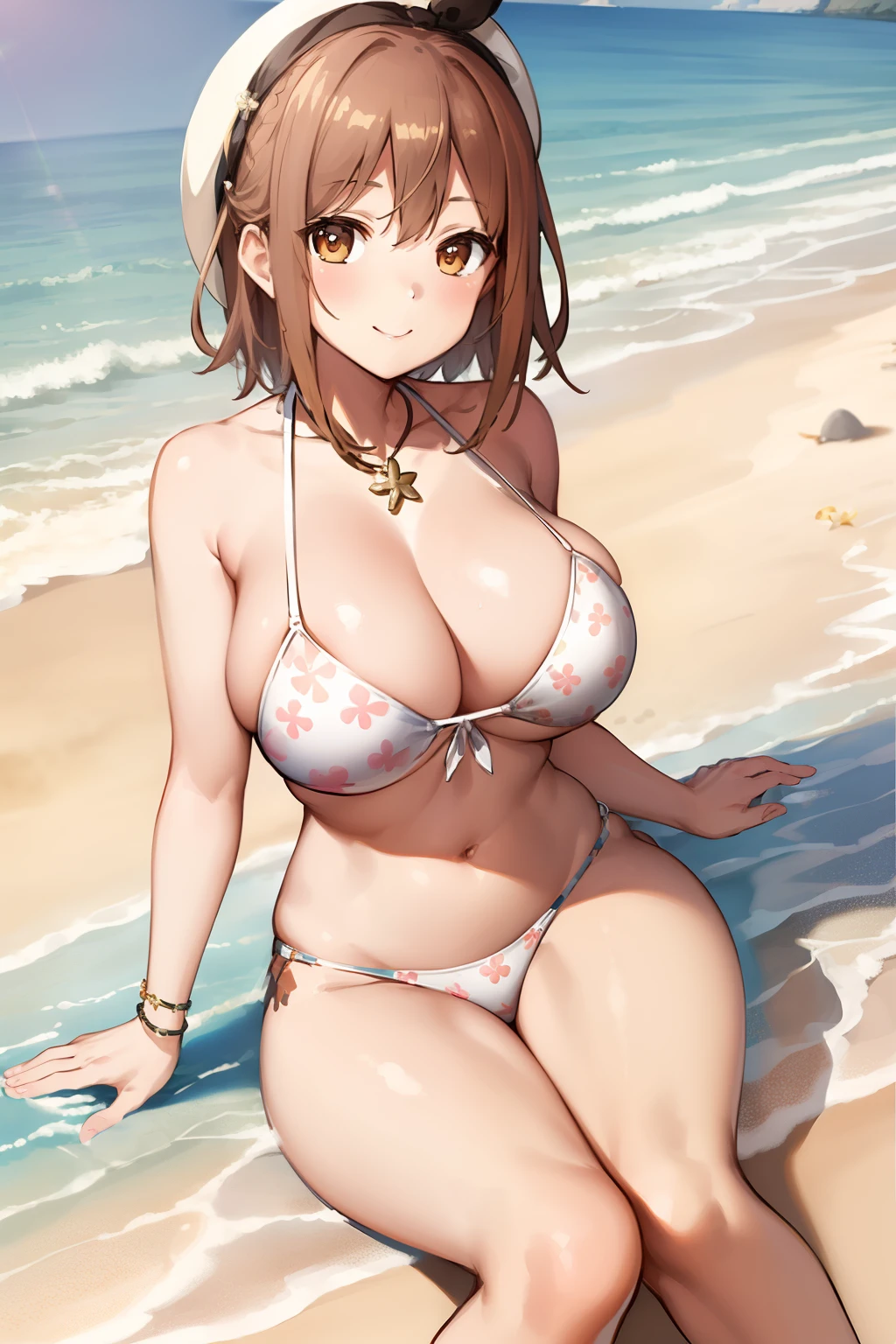 ​masterpiece、top-quality、hight resolution、1girl in, Naughty big、Big breasts emphasis, 独奏,(Bikini with white floral pattern),(the beach),A smile、sitting on、