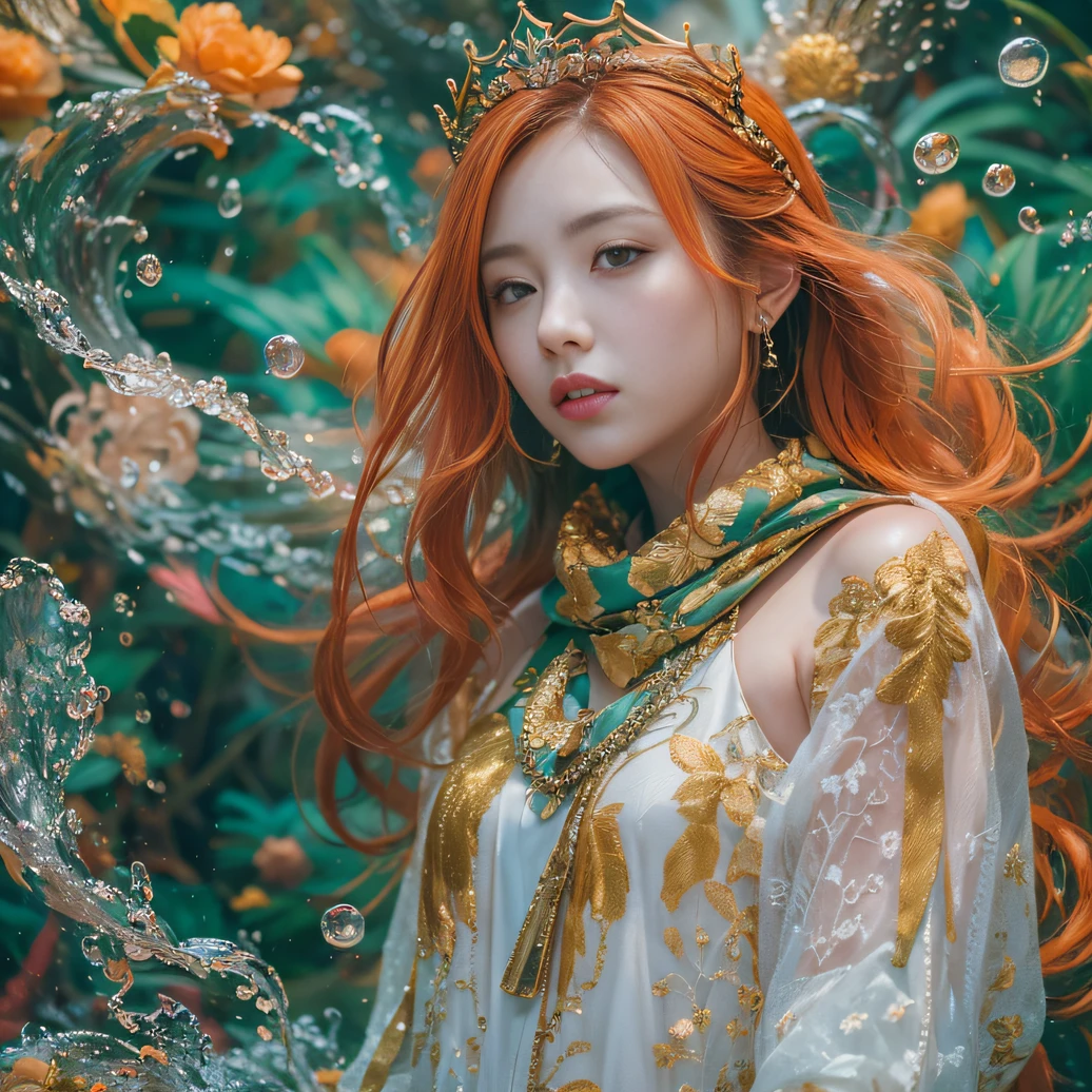 cyan colors,blue colors,The world of enamel,Blood Girl 32K(tmasterpiece,k hd,Aoyama Pond,hyper HD,32K)Long flowing bright orange hair,blood pond,zydink, a color,Grumpy (Post-halo), (Linen scarf), Combat posture, looking at the ground, long whitr hair, Floating bright orange, Fire cloud pattern gold tiara, Chinese long-sleeved gold silk burgundy garment, (Abstract metaverse splash:1.2), white backgrounid,Peony flower vitality protector(realisticlying:1.4),Bright purple hair,Smoke on the road,The background is pure, A high resolution, the detail, RAW photogr, Sharp Re, Nikon D850 Film Stock Photo by Jefferies Lee 4 Kodak Portra 400 Camera F1.6 shots, Rich colors, ultra-realistic vivid textures, Dramatic lighting, Unreal Engine Art Station Trend, cinestir 800,A girl with long flowing bright orange hair,Huge colorful bubbles