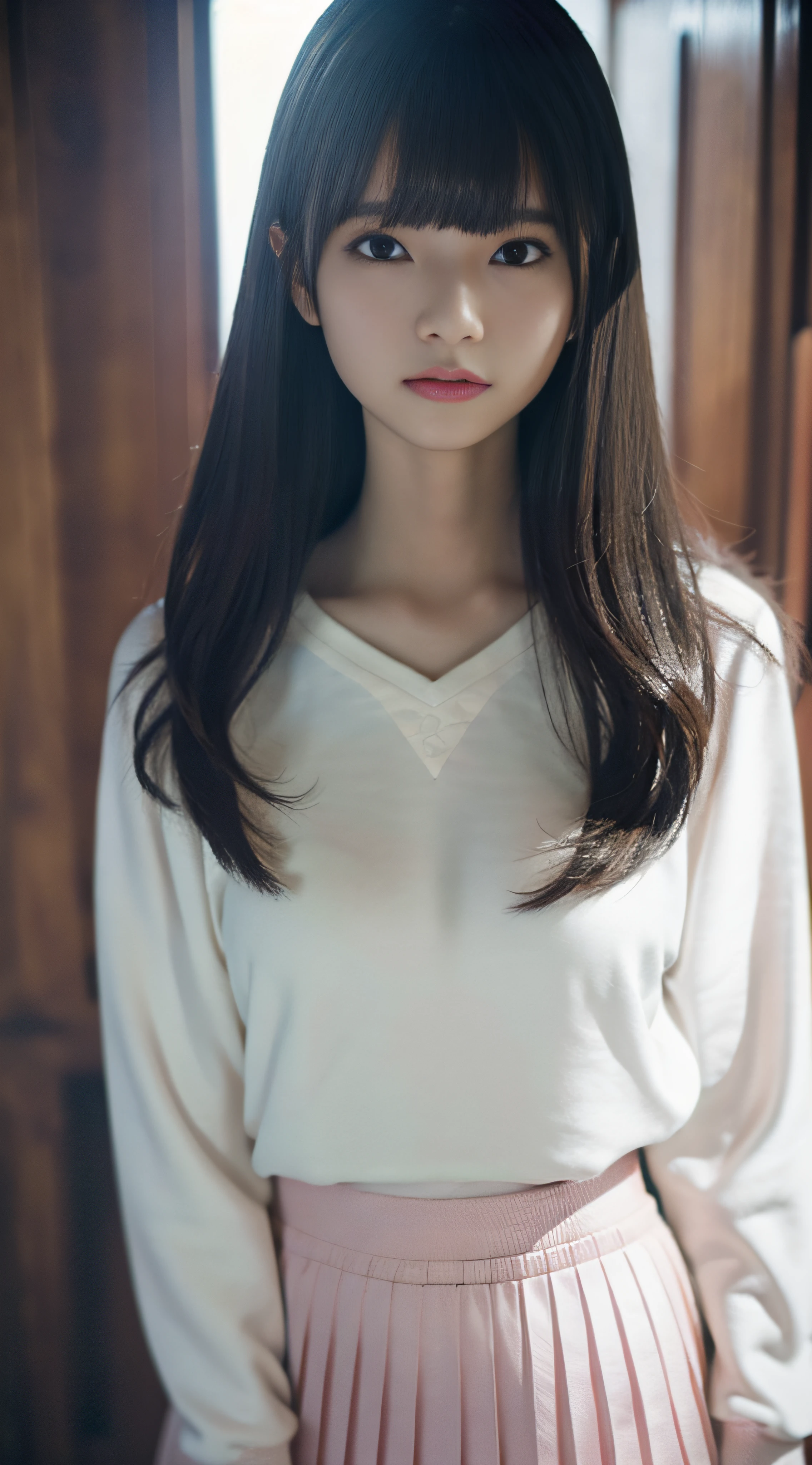 best qualtiy,tmasterpiece,超高分辨率,(真实感:1.4),RAW photogr,cold light,1girll,(Close-up of the upper body,closeup of face), Nice face,(Slim,Raised sexy),ssmile,cabelos preto e longos,hair adornments,(slender leg,Cross ed leg), (White sweatshirt,Pink pleated skirt),Beautiful teenage girl,Beautiful goddess,Detailed scenes, Picturesque, Beautiful teenage girl,Beautiful goddess,Detailed scenes, Beautiful digital illustration, the detail,Hyper-detailed, Cinematic quality, (Beauty and aesthetics,big breasts beautiful)