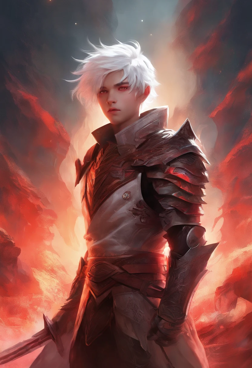 1boy, white hair. wolf cut haircut. red eyes, hi bio tech red glowing live living armor, post apocalyptic ciy, high res, ultrasharp, 8k, masterpiece, looking at viewer