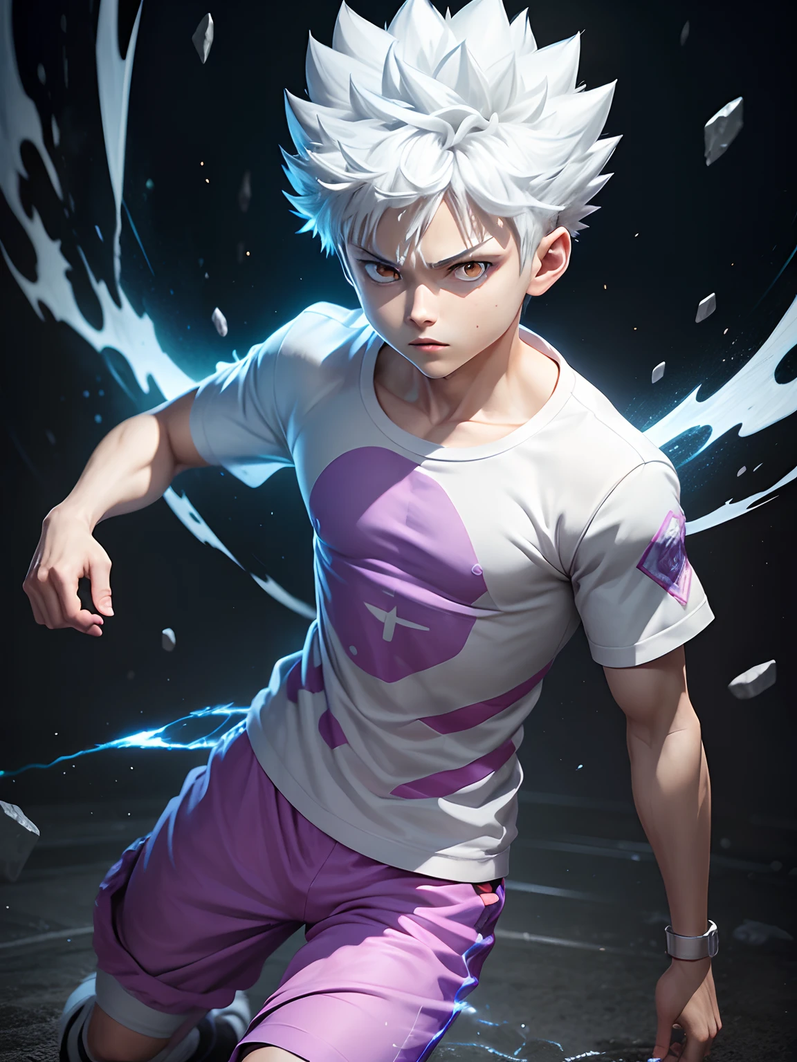 (full body)(masterpiece)(hyper realistic)"Step into the world of Killua Zoldyck with this visually descriptive and detailed image, showcasing his electrifying presence in full body. With a range of styles and variations, this 3D rendering will bring your favorite anime character to life like never before."