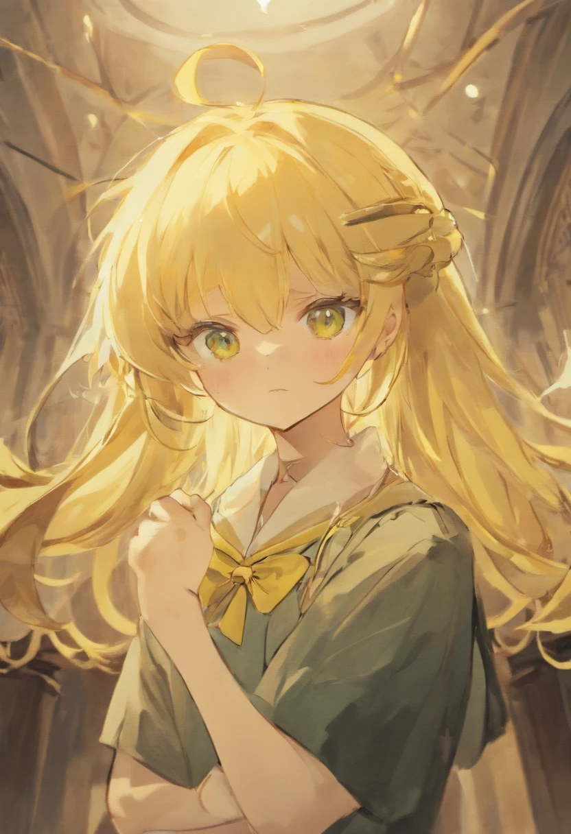 Masterpiece, Best quality,Yellow hair,short detailed hair,animemanga girl,Loli body,Smile shyly,Dark green dress school uniform,head bowed slightly,Scene background:Campus classrooms