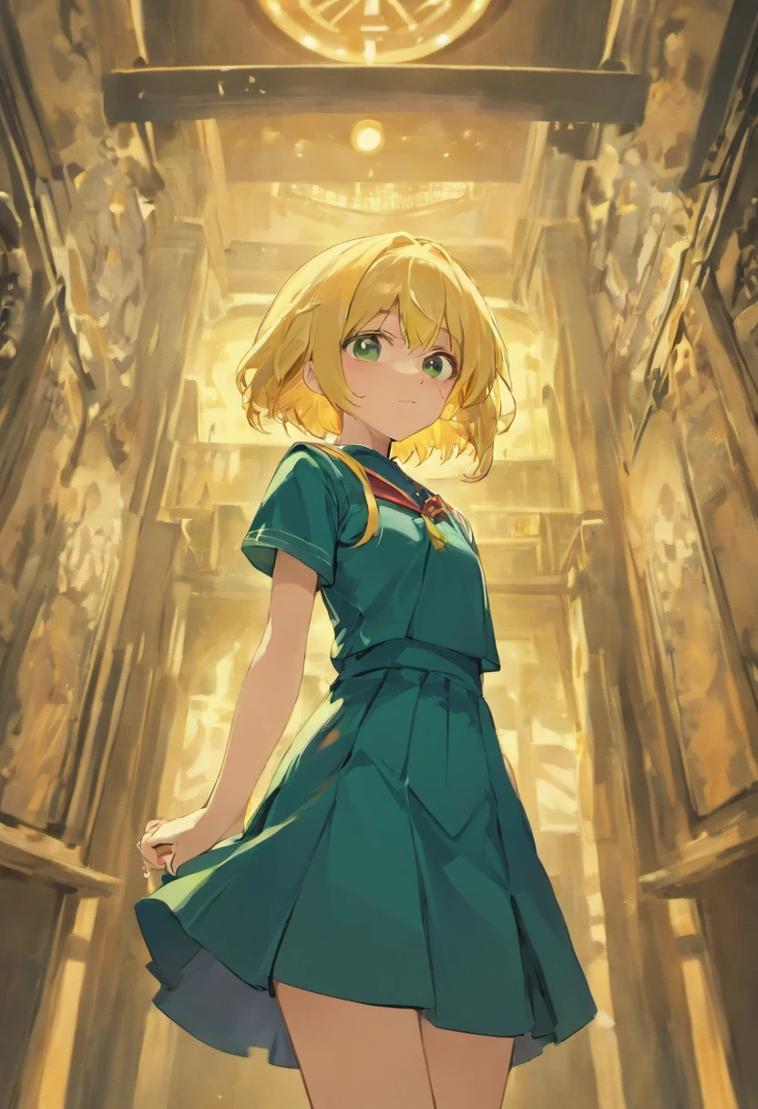 Masterpiece, Best quality,Yellow hair,short detailed hair,animemanga girl, body,Smile shyly,Dark green dress school uniform,head bowed slightly,Scene background:Campus classrooms