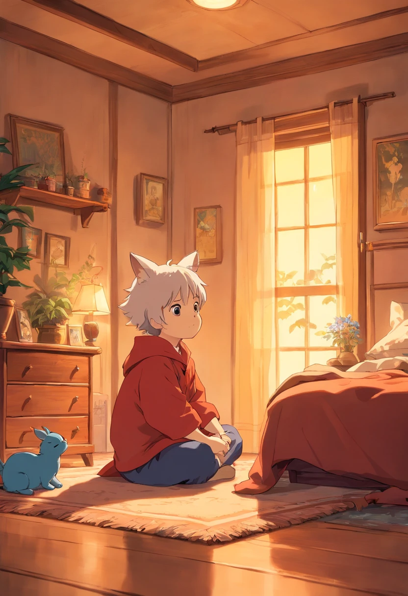 cria um , sitting on the bedroom floor, iluminado por uma luz de vela, estudando!