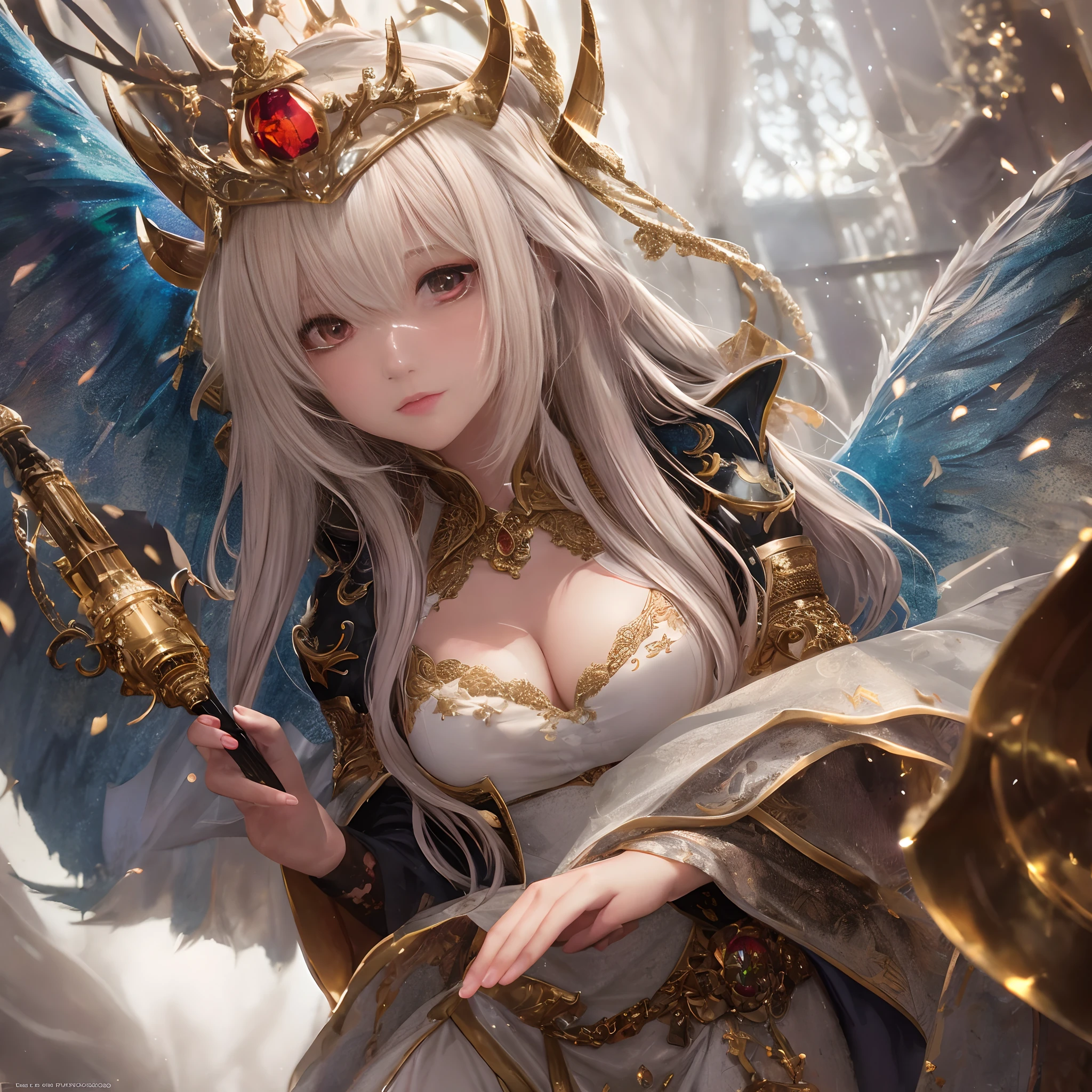 chromatic aberration, depth of field, soft lighting, masterpiece, best quality, intricate, tone mapped, highly detailed, artstation, concept art, smooth, sharp focus, dramatic lighting, highly detailed artwork, cinematic, hyper realistic painting, trending on Artstation, 8K, incredible shadows, realistic, (highly detailed background:1.0), a demon princess floating above the hordes of hell, she commands the army with her mighty trumpet, she wears a crown covered in lava, her glowing red eyes are on fire