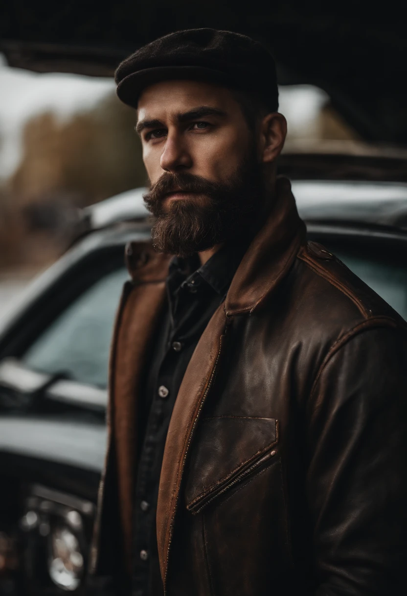 person wearing cap and round face long hair short beard and wearing leather jacket standing front of the car having sixpack body