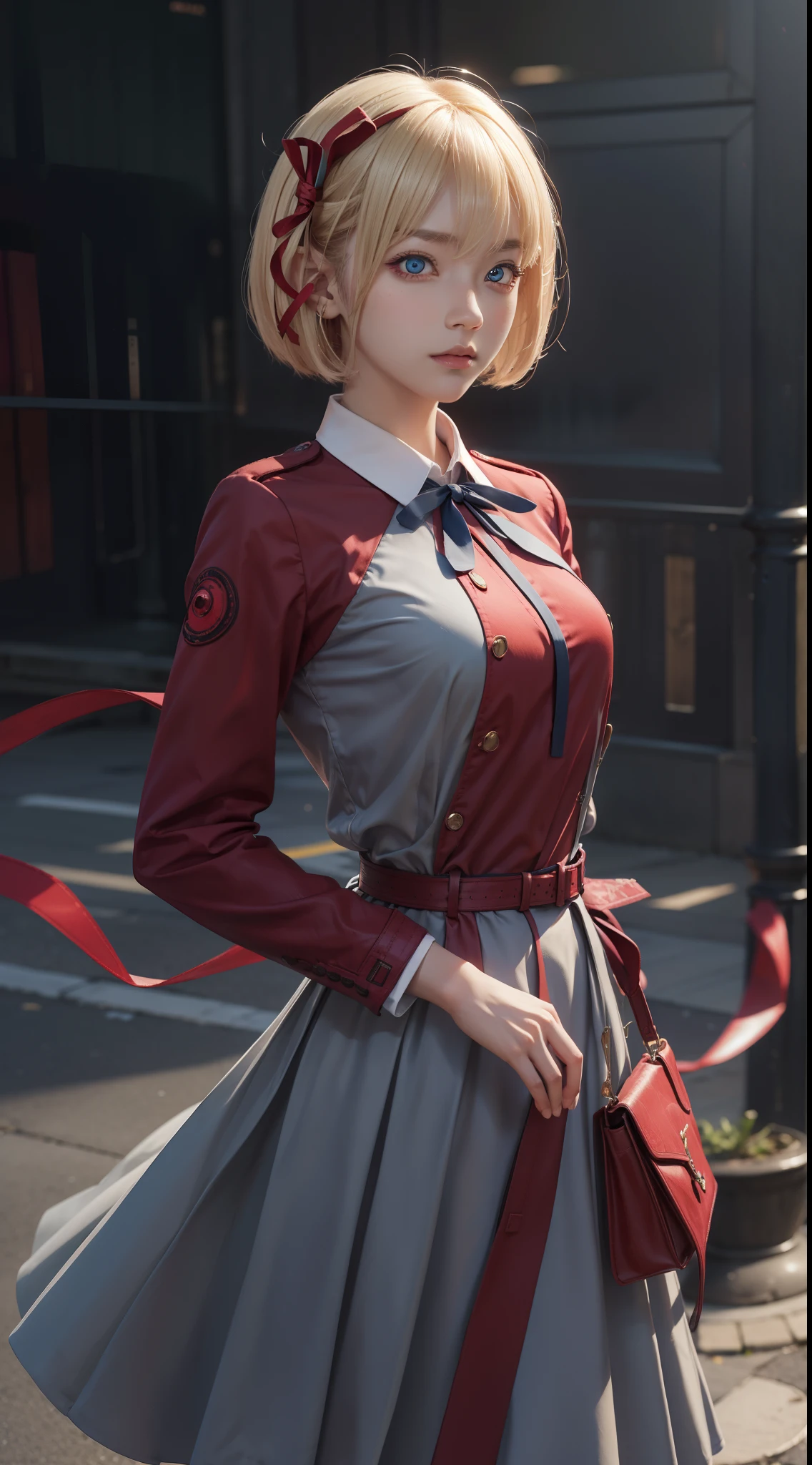 chisatonishikigi, nishikigi chisato, short hair, bangs, blonde hair, (red eyes:1.5), hair ribbon, one side up, bob cut,
BREAK shirt, long sleeves, dress, ribbon, white shirt, collared shirt, belt, neck ribbon, red dress, blue ribbon, pleated dress, grey dress, two-tone dress, red belt, lycoris uniform,,
BREAK outdoors, city,
BREAK looking at viewer, BREAK (masterpiece:1.2), best quality, high resolution, unity 8k wallpaper, (illustration:0.8), (beautiful detailed eyes:1.6), extremely detailed face, perfect lighting, extremely detailed CG, (perfect hands, perfect anatomy),