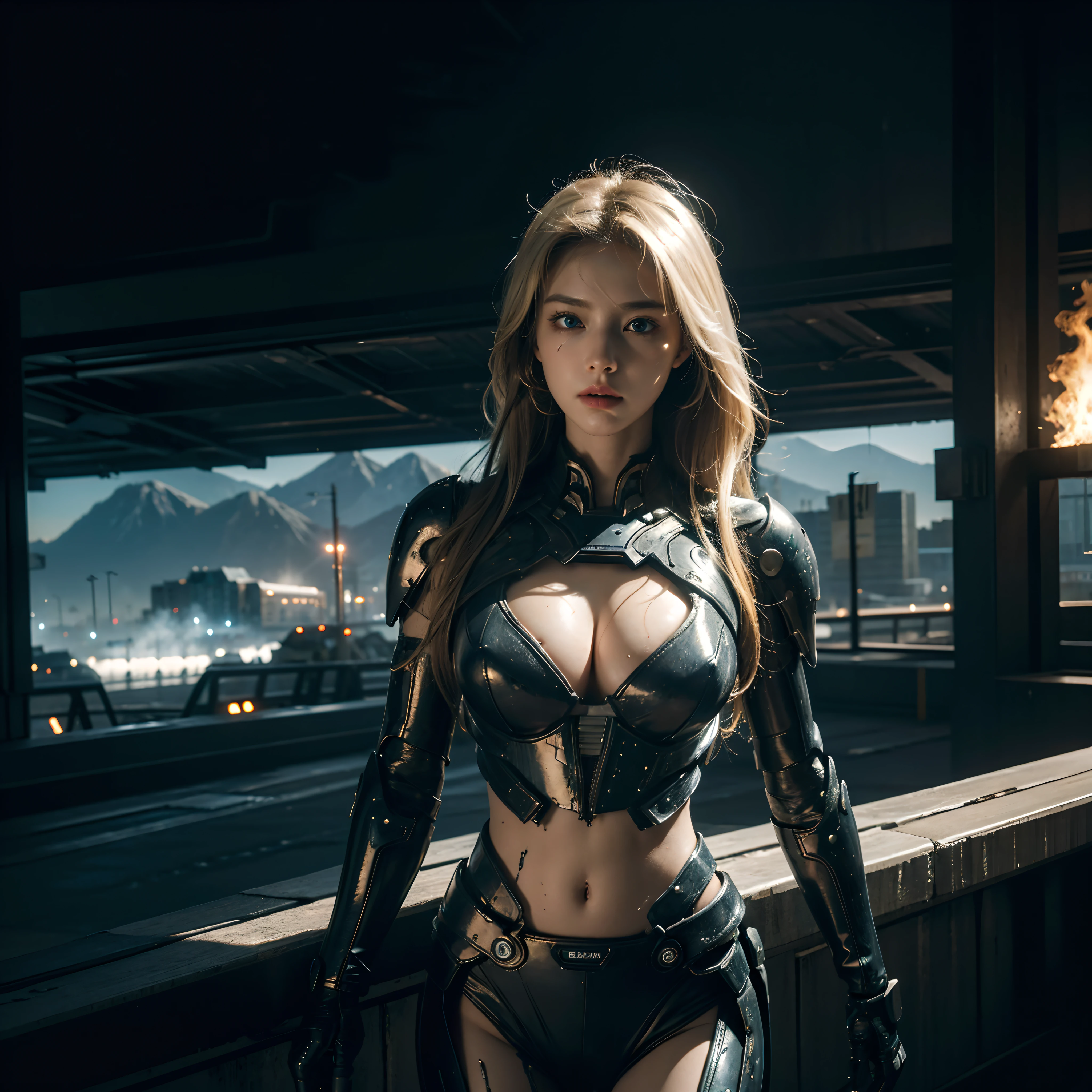 (8K, best quality, illustration, ultra detailed, high-resolution:1.3), (masterpiece: 1.25), (Sweatiness:1.2), dramatic lighting, photon mapping, radiosity, symmetry, complexity, elegance, ((1 girl)), (large breast), long blonde hair, blue eyes, (exposed cleavage), ((showing stomach)), sexy black/white lingerie flight: 1.3, mech armor, exoskeleton, clear facial features, body tattoos, post apocalyptic, night city, destroyed city, smokes and flames,