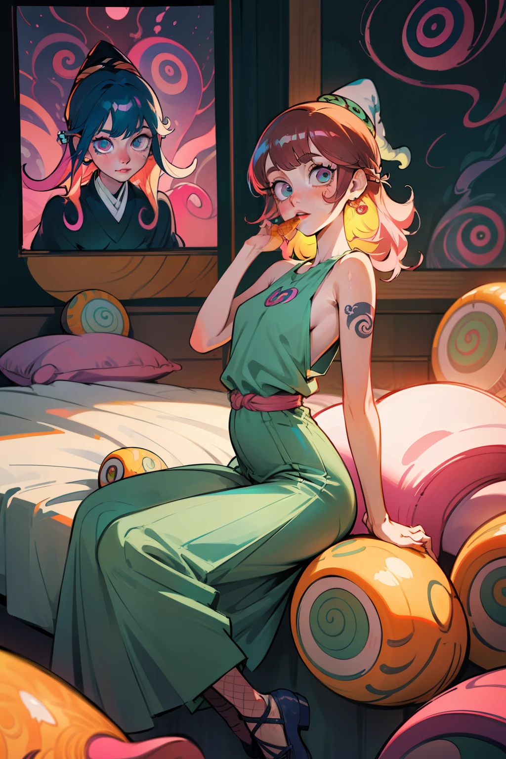 Blue aqua hair with yellow and white streaks GIRL studying with sunset on her window, anime, he lives in a building. Sitting on legs with feet soles facing camera in ballerina shoes with big butt and hips with face over looking over shoulders back into camera lingerie must be very strappy with charms, witch hat, with outfit, witch dress, witch costume, petting creatures,(8K, 4K, Best Quality, hight resolution:1.2), (maasterpiece, Realistic, photos realistic:1.37), 1girll, Solo, Beautiful face, eye lashes, nase, Glossy lips, (Detailed eyes, view the viewer, Fair skin, White skin:1.5), crocs with charms, eating a burger, color schemes green, glowing elements, light effects, light rays, back lighting, warm back light, background is just pillows, octopus tentacles wrapping around the pillows, and curtains, window with a view, extremely long braided hair, cute hat, flowers, octapus tentacles, tattoos, piercings, fishnets, skirt, and tank top, y2k, white water, underwater with fishes everywhere holding breath eating fish, Ultra maniac anime manga style theme (nana manga) Kamikaze kaitoujin, full body high quality 4k illustration, ceiling view pose girl looking into camera from a white bedsheet and blood splatter, Junji ito style, (uzumaki, lit. "Spiral") is a Japanese horror manga series written and illustrated by Junji Ito, horror illustration, (uzumaki) (tomie) (a girl,beauty,2girls,3girls)cool detailed eyes,beautiful detailed lips,extremely detailed eyes and face,longeyelashes,colorful hair,confident smile,stylish outfit, earrings (yummy) food in a dynamic pose(aesthetic style),vibrant colors,street-art inspired background,urban lighting, pearly white and oranget, horror Comic book. White hair streaks, aqua blue hair, hair with a lot of flow and blonde, city scape, clothes, lingerie laying on the floor, red hair, pink hair, rainbow hair, white hair, brown hair, neon hair, group photo