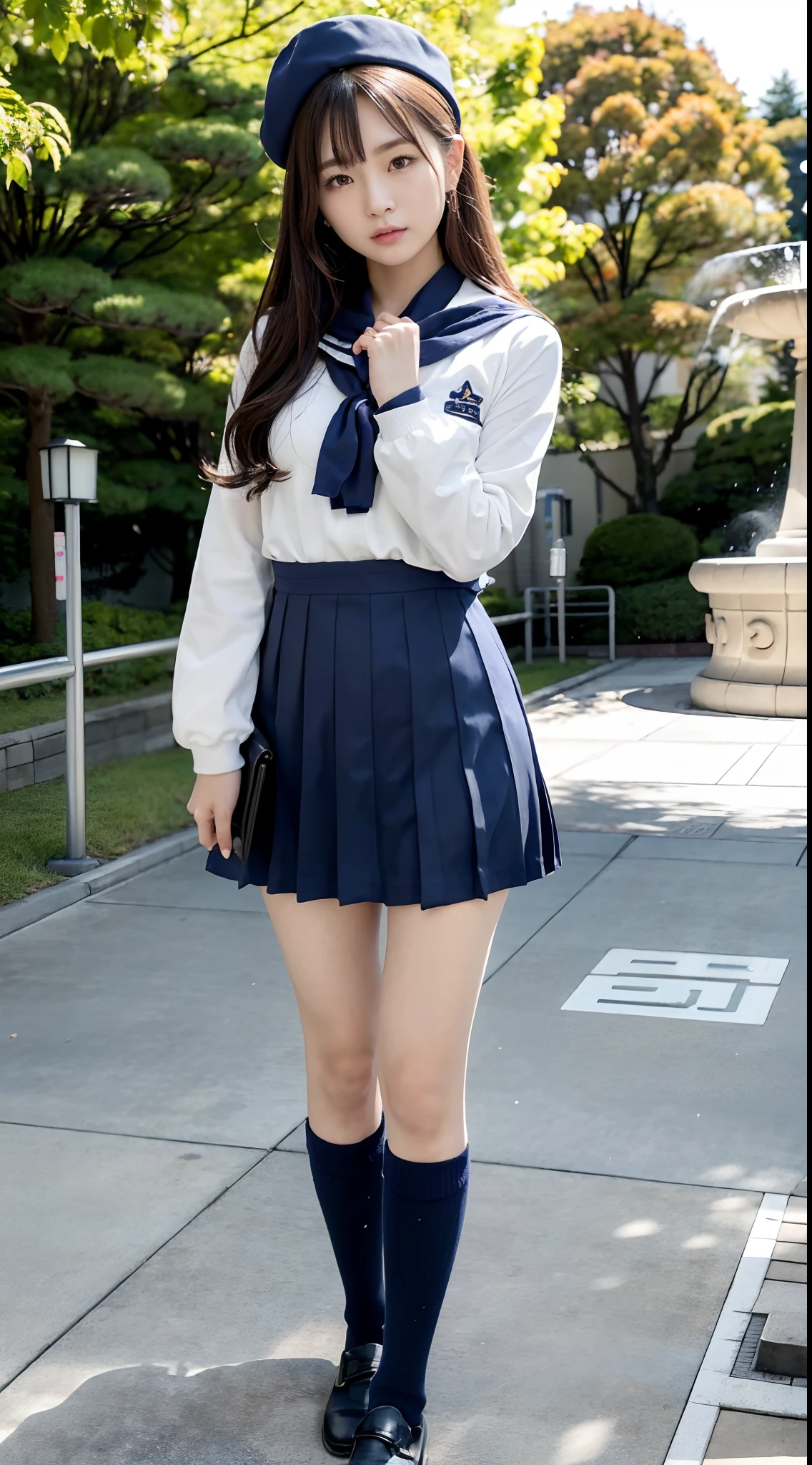 mix4, (16 K, Raw photography, Top image quality, ​masterpiece: 1.45), (realisitic, Photorealsitic: 1.37), one girls, 7．5, etc、Random hairstyle、Standing figure，Morning time slot、a very cute,a park,, profetional lighting, photon maping、physically-based renderingt, Gradient dark brown hair,, a handsome, Well-groomed and beautiful eyes、Large double eyelids、Very shiny、girl with, (((student clothes、Winter clothes、Sailor suit worn by Japan schoolgirl、Navy blue sailor color、scarf、a miniskirt, Small beret、high socks、lowfers))), Top Quality Photos, hight resolution, 1080p, (clearface), (Detailed face description), (Detailed hand description), (​masterpiece), (Exquisite CG)、extreme light and shadows、dishevled hair、master work、abundant detail、(Fine facial features)、(top quality photo)、(masuter piece)、(A detailed eye)、Look in front of you、Fine clavicle、((Slender big))、(((Japan schoolgirl in sailor suit)))、((Ready Idol System))、((a park、Slide、The fountain、seesaw))、(Shooting from random perspectives)、(((neat and cute)))、耳Nipple Ring、A big smile、Drawing the whole body from the knees、Do not draw nasolabial folds、(((Cute sailor suit)))、(Big breasts that hang down big:1.2)、Big buttocks with tension、Two arms and two legs、(((from the front side:0.2)))、bare hand、No mask、