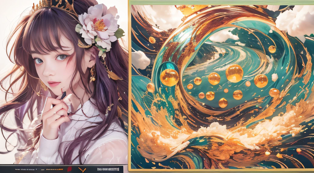 cyan colors,blue colors,The world of enamel,Blood Girl 32K(tmasterpiece,k hd,Aoyama Pond,hyper HD,32K)Long flowing bright orange hair,blood pond,zydink, a color,Grumpy (Post-halo), (Linen scarf), Combat posture, looking at the ground, long whitr hair, Floating bright orange, Fire cloud pattern gold tiara, Chinese long-sleeved gold silk burgundy garment, (Abstract metaverse splash:1.2), white backgrounid,Peony flower vitality protector(realisticlying:1.4),Bright purple hair,Smoke on the road,The background is pure, A high resolution, the detail, RAW photogr, Sharp Re, Nikon D850 Film Stock Photo by Jefferies Lee 4 Kodak Portra 400 Camera F1.6 shots, Rich colors, ultra-realistic vivid textures, Dramatic lighting, Unreal Engine Art Station Trend, cinestir 800,A girl with long flowing bright orange hair,Huge colorful bubbles