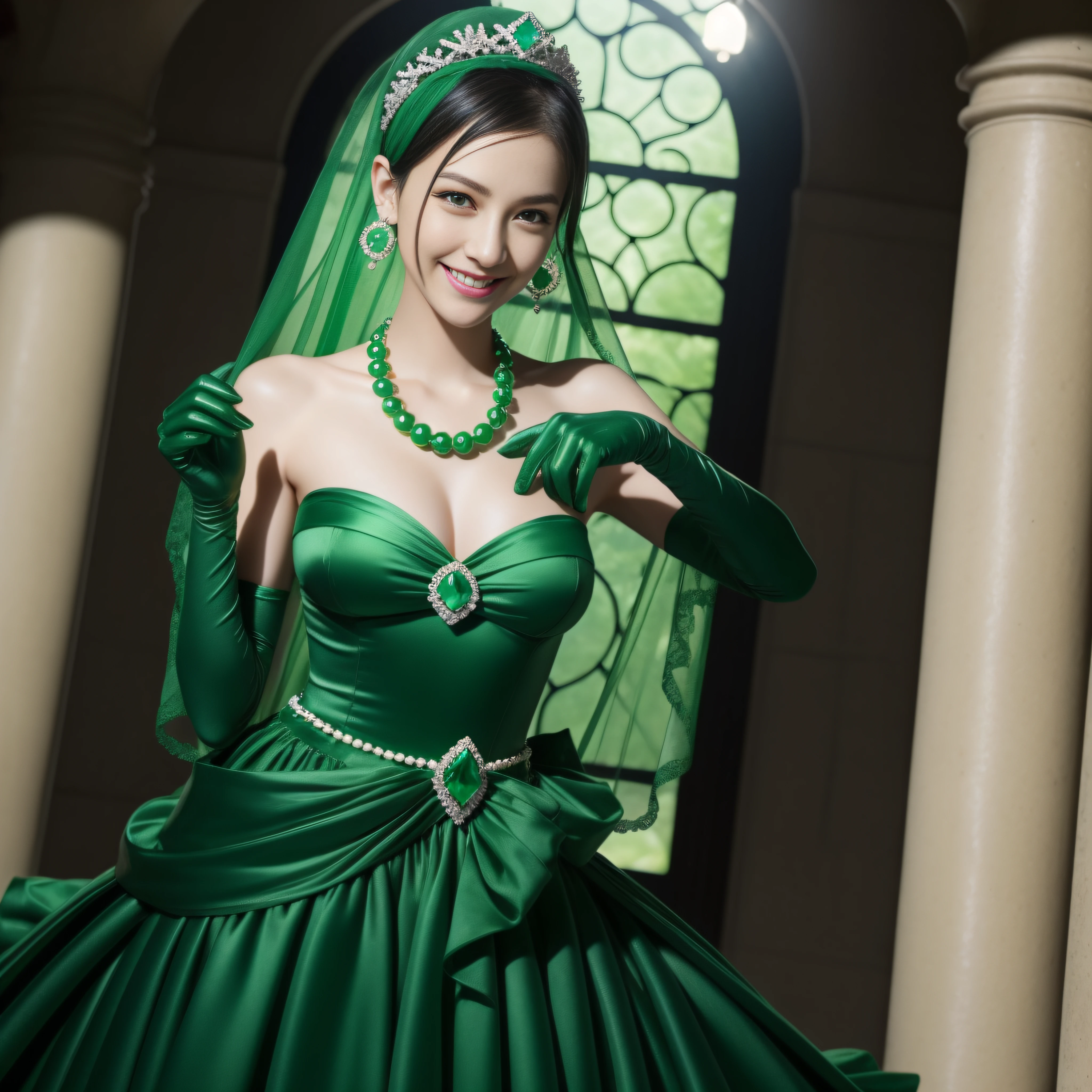 emerald tiara, Green Pearl Necklace, Boyish very short black hair, lipsticks, Japan woman smiling, very short short hair, big breasts beautiful, Green eyes, Long green gloves made of satin material, Green eyes, Emerald Earrings