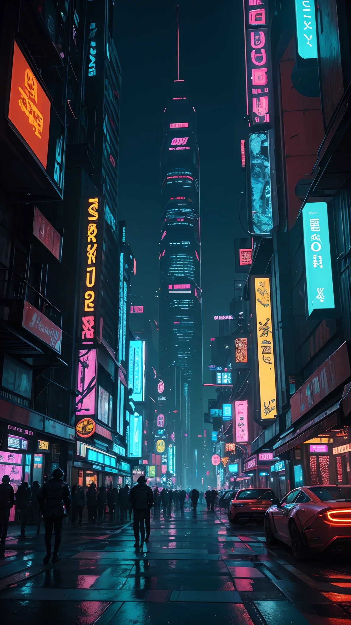 A bustling city street at night, filled with towering buildings and neon lights. The streets are devoid of human presence, instead occupied by glowing robots and orange mechs patrolling the area. The robots emit a faint glow, their eyes shining brightly in the darkness. The scene exudes a cyberpunk atmosphere, with a touch of science fiction. The cityscape is bathed in a surreal neon palette, casting an otherworldly glow on the surroundings. The buildings are sleek and futuristic, their architecture blending seamlessly with the advanced technology of the mechs. The overall image is a combination of reality and futuristic elements, creating a mesmerizing and visually striking composition. The prompt emphasizes the best quality, depicting ultra-detailed and realistic visuals with high resolution, akin to a masterpiece. The prompt aims to capture the essence of a cyberpunk cityscape with its vibrant colors, impeccable lighting, and futuristic aesthetics, bringing the concept of glowing robots and neon-lit cities to life.